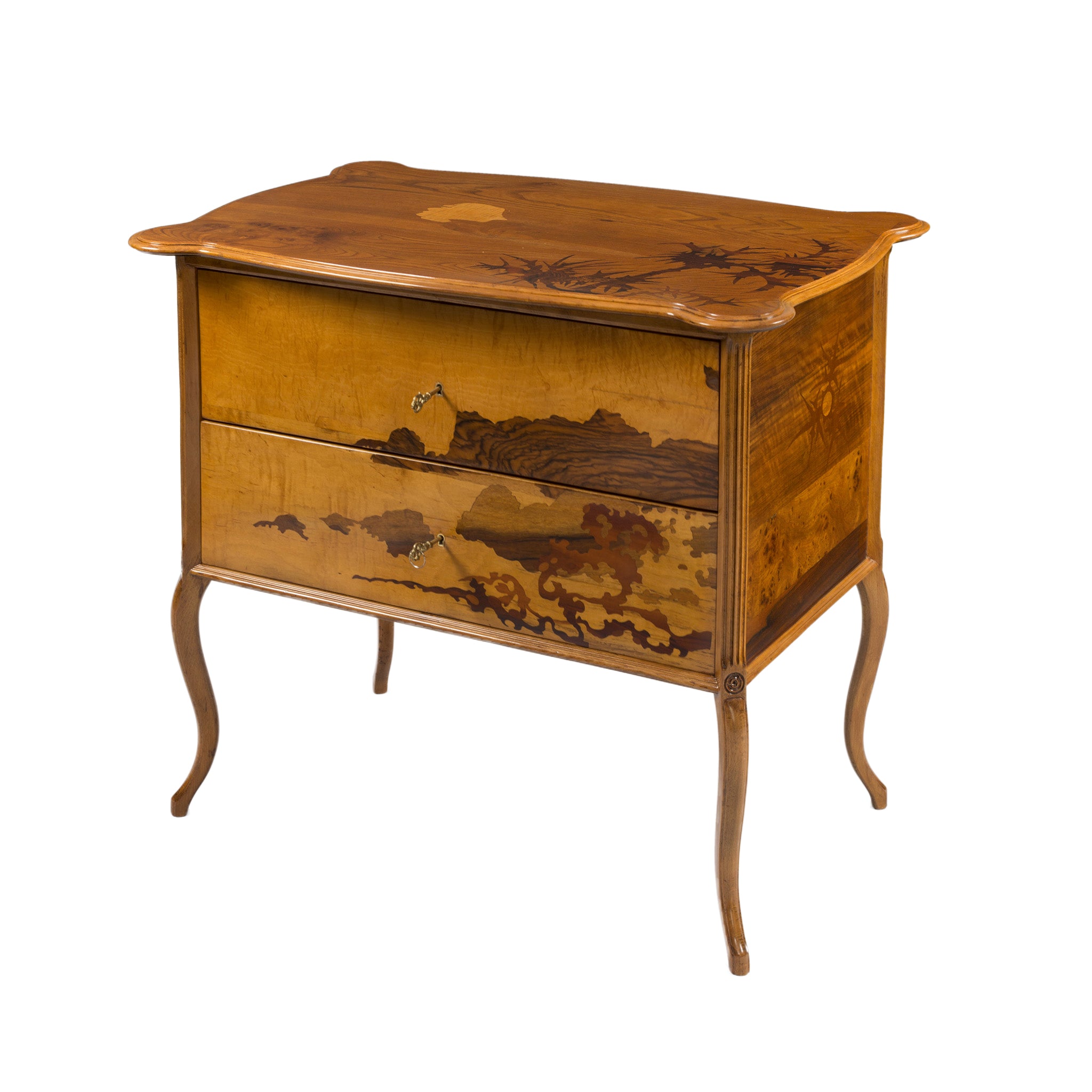 Antique Émile Gallé 'Tale of Genji' Chest of Drawers - Japanese-Inspired Floral Marquetry Jewelry Dresser - Perfect for Bedroom Storage & Vintage Home Decor