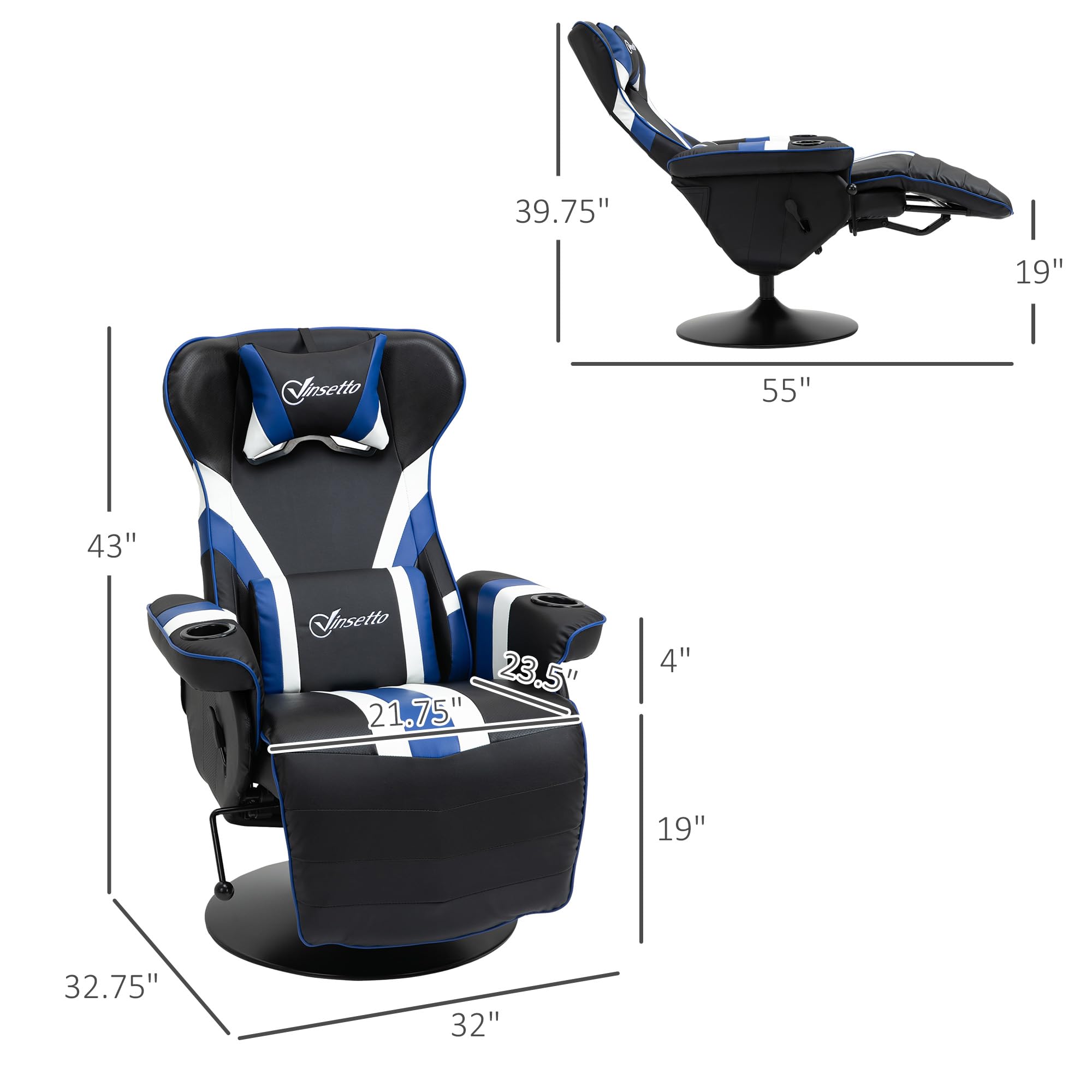 Vinsetto Ergonomic Gaming Chair - Racing Style Computer Recliner with Adjustable Lumbar Support, Retractable Footrest & Cup Holder - Black/White/Blue - Perfect for PC Gaming, Office Work & Home Entertainment