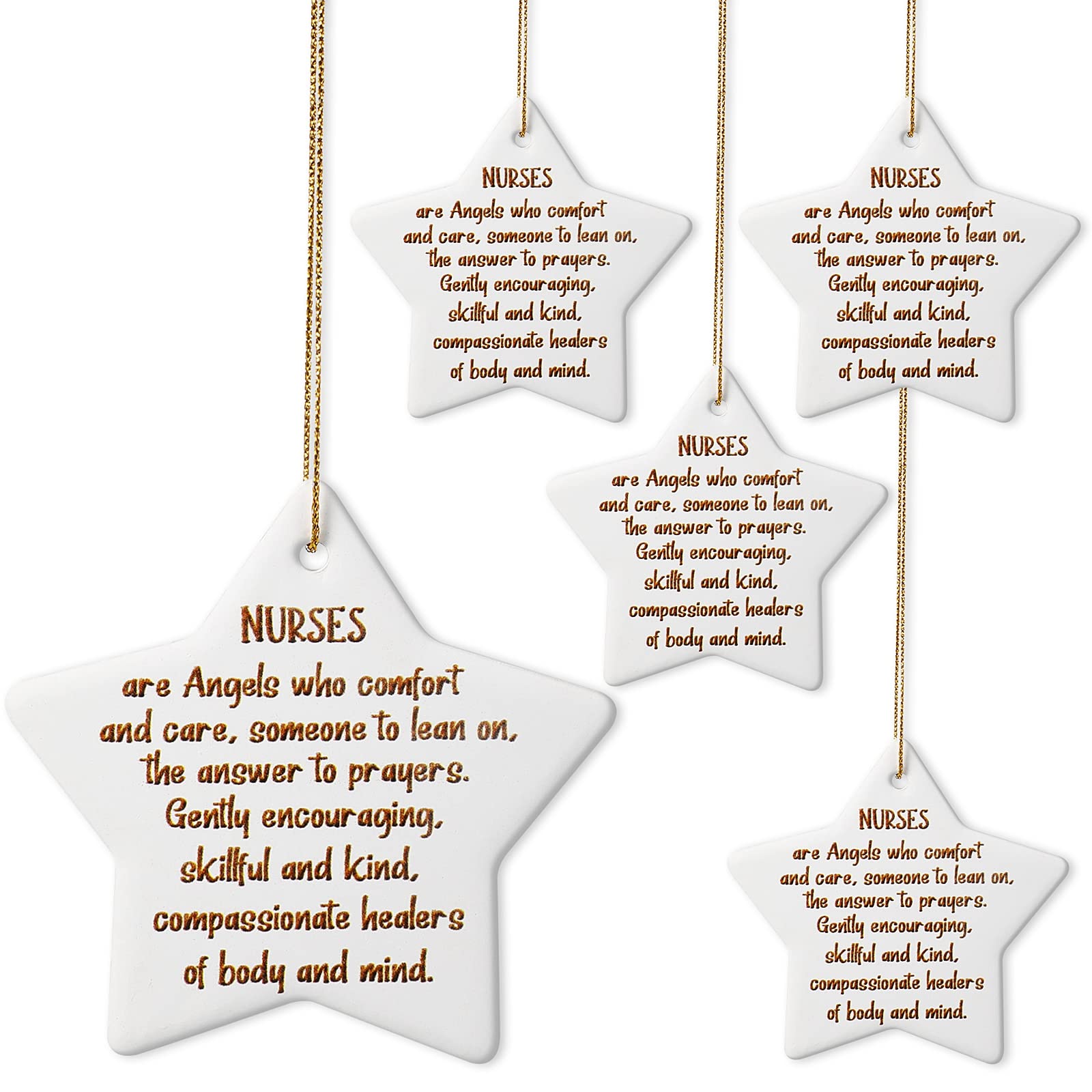 5-Piece Star Shaped Ceramic Nurse Appreciation Ornaments - Thank You Gift for Nurses Day, Christmas Tree Decorations & Holiday Keepsake - Perfect for Nurse Recognition, Office Decor, and Festive Holiday Decorating
