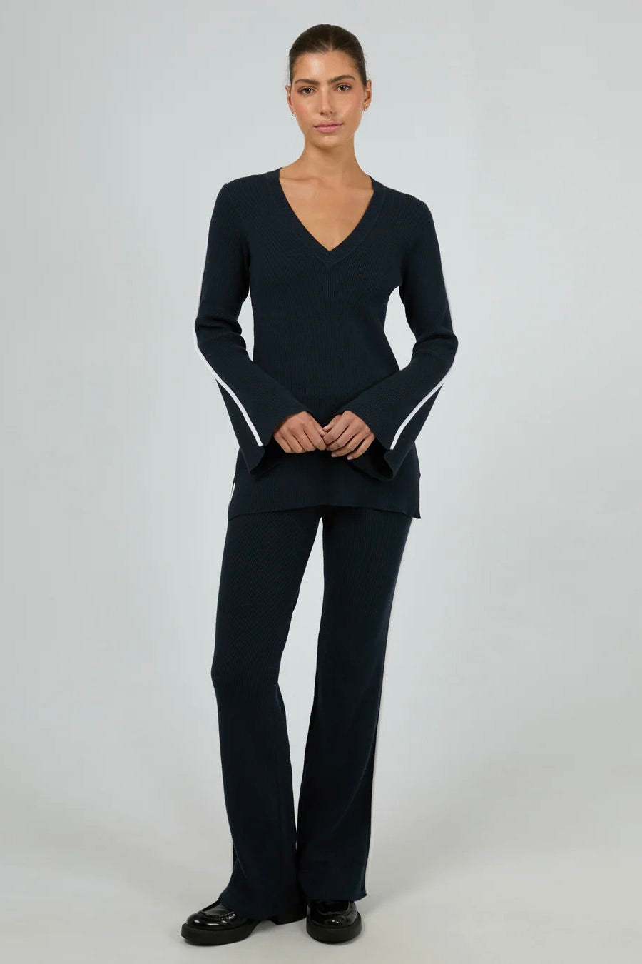 Highland Navy Knit Top for Women - Soft Comfortable Crewneck Sweater - Perfect for Casual Outfits, Office Wear & Fall Layering