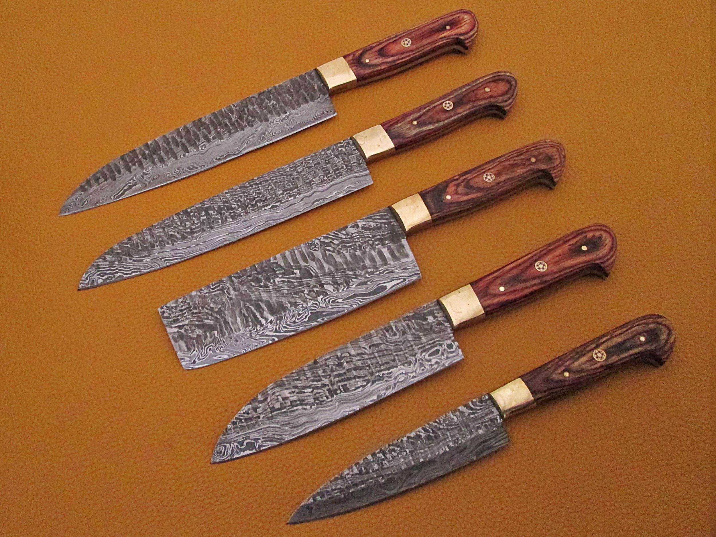 Premium 5-Piece Damascus Steel Kitchen Knife Set with 2-Tone Wood Handle - 54
