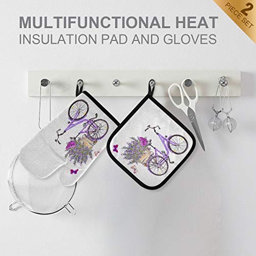 **Summer Lavender Bike Oven Mitt & Pot Holder Set – Heat Resistant Gloves for Baking, Grilling, BBQ – Purple Flower Butterfly Design – Recycled Microwave-Safe Potholders – Perfect Holiday & Kitchen Gifts**    *(Ideal for Cooking, Baking, Grilling, BBQ, and Microwave Use – Great for Home Chefs & Holiday Gift Giving)*