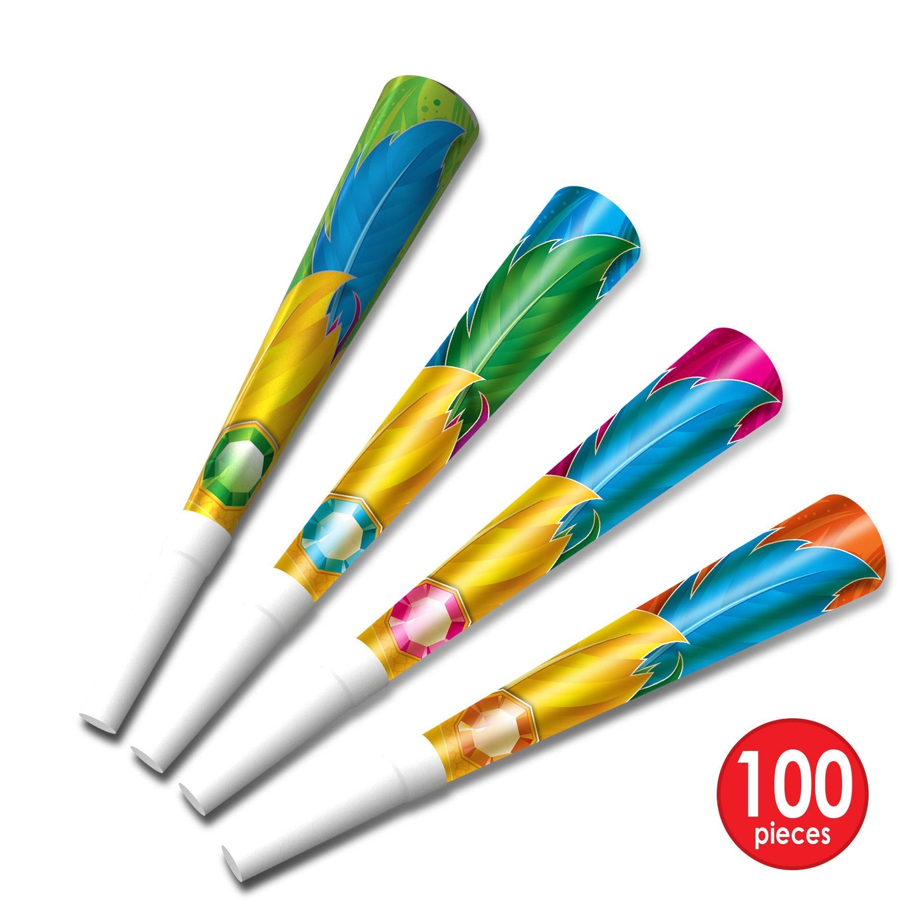 100 Pack Beistle New Year's Eve Rio Horns - Colorful Party Blowouts for NYE Celebrations, Carnivals & Festive Events