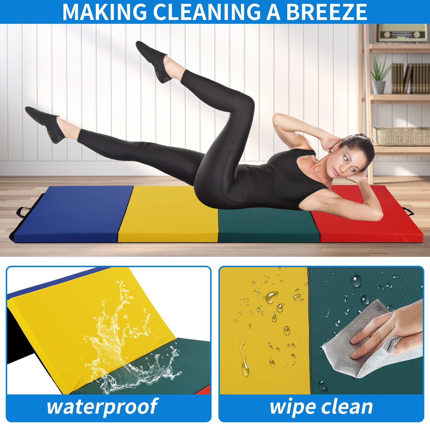BLKMTY 4-Fold Gymnastics Mat - Thick Tumbling Exercise Mat for Indoor/Outdoor Yoga, Aerobics, Home Workout - Non-Slip Gym Floor Mat with Carry Handle - Perfect for Gymnastics Training, Fitness Routines & Kids Play Area
