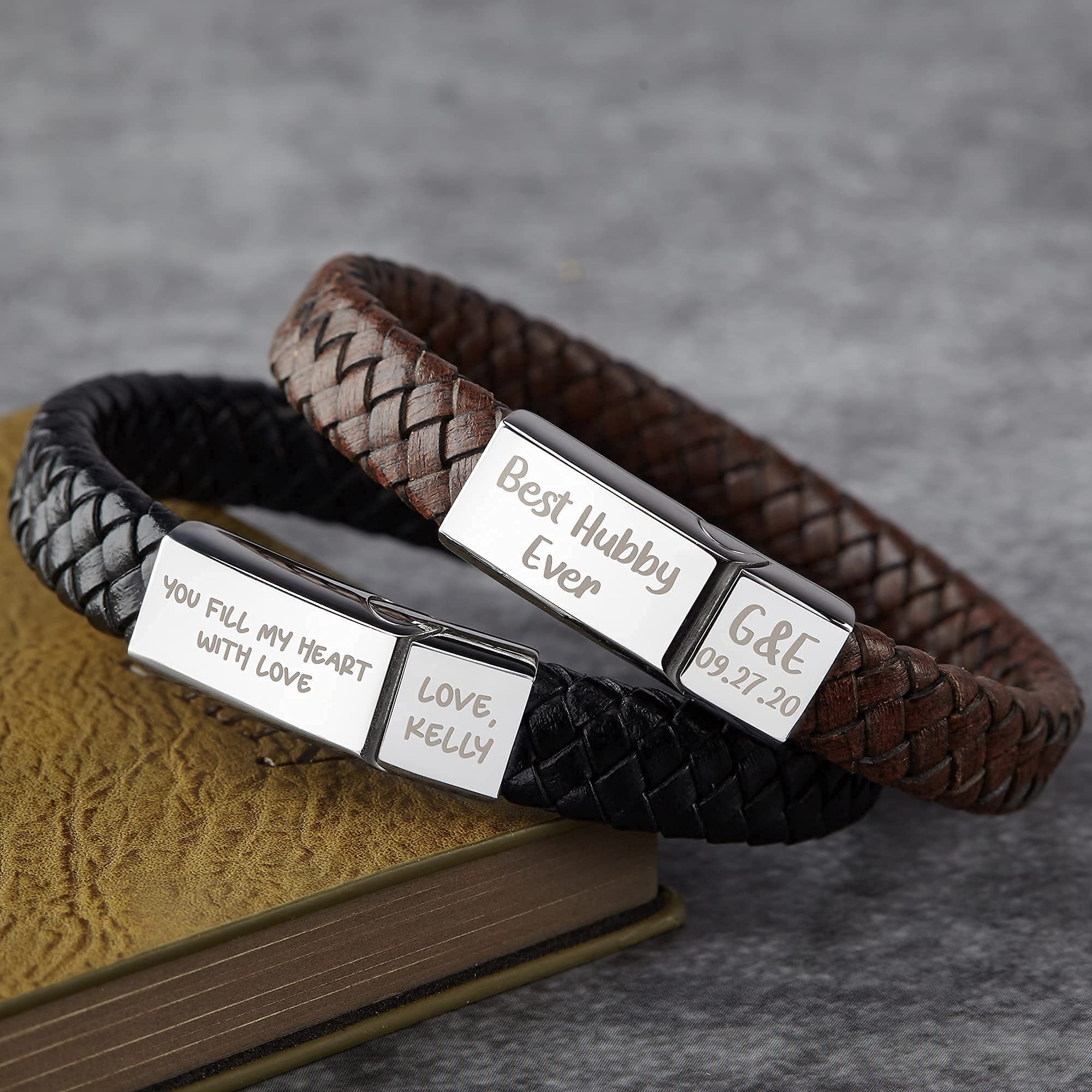 Custom Engraved Leather Bracelet for Men - Personalized Braided Leather Wristband with Message - Unique Christmas Gift for Boyfriend, Husband, Dad - Perfect for Anniversaries, Birthdays & Everyday Wear
