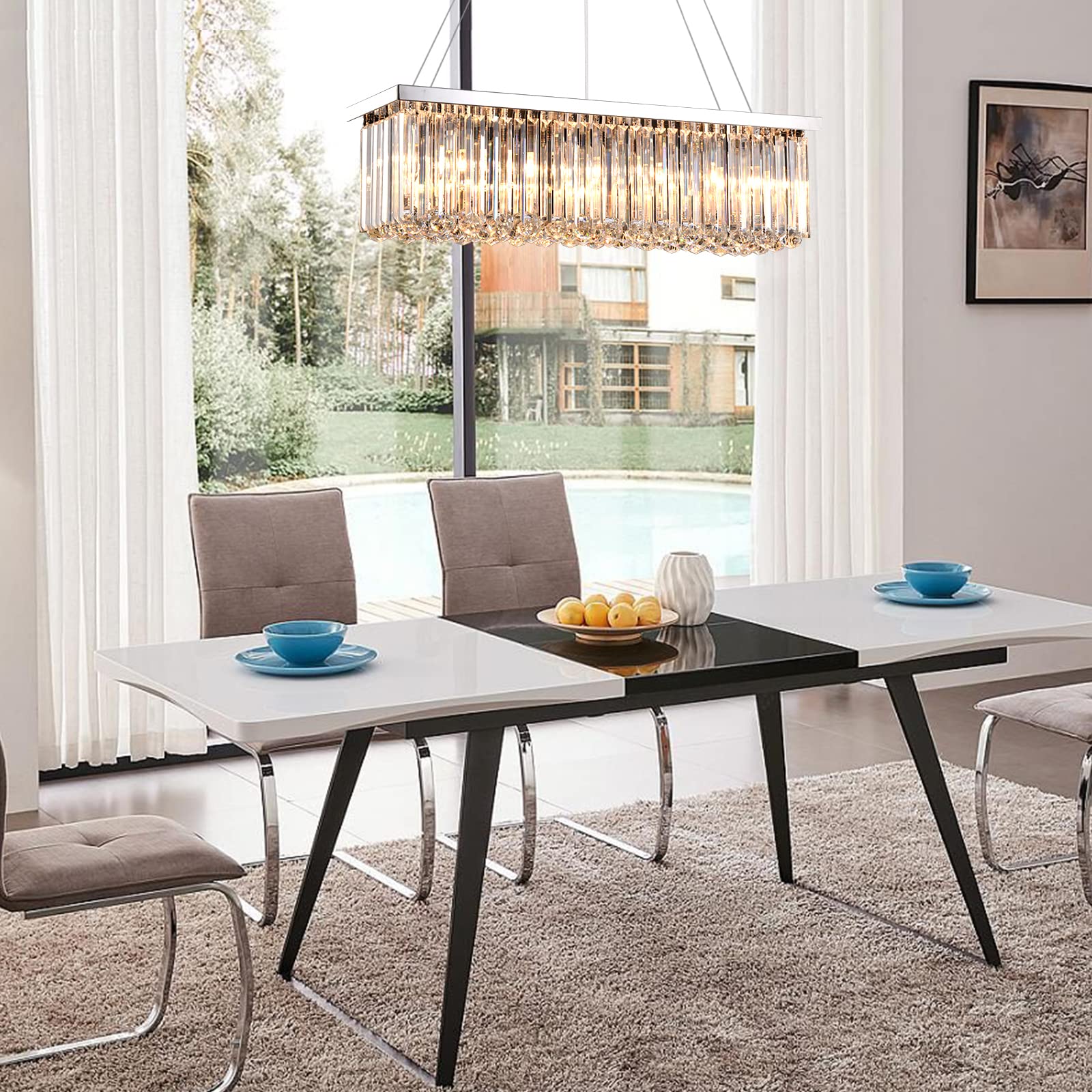 Modern Silver Rectangular Crystal Chandelier - Luxury Chrome Pendant Ceiling Light for Dining Room, Kitchen Island, Living Room & Bar | Elegant Lighting Fixture for Home Decor, Wedding Venues & Restaurants