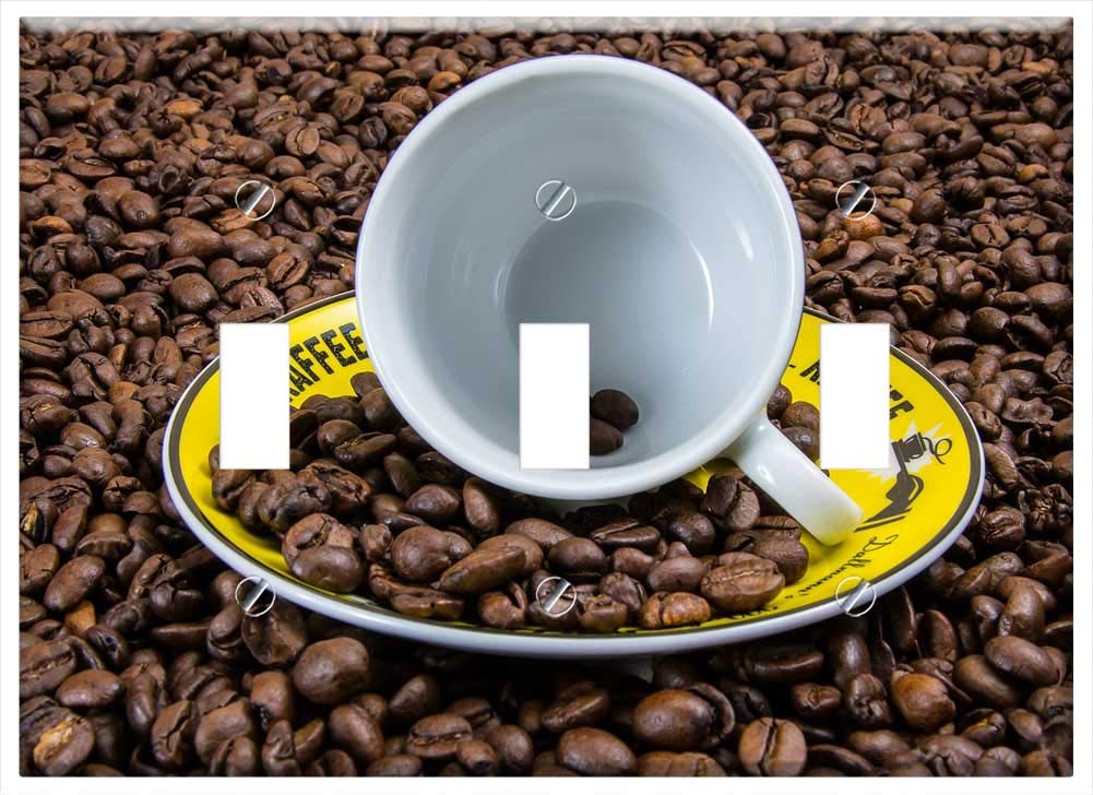 Triple Toggle Switch Plate Cover - Brown Coffee Cup & Beans Design for Kitchen, Cafe, or Office Decor | Durable Wall Plate for Light Switches