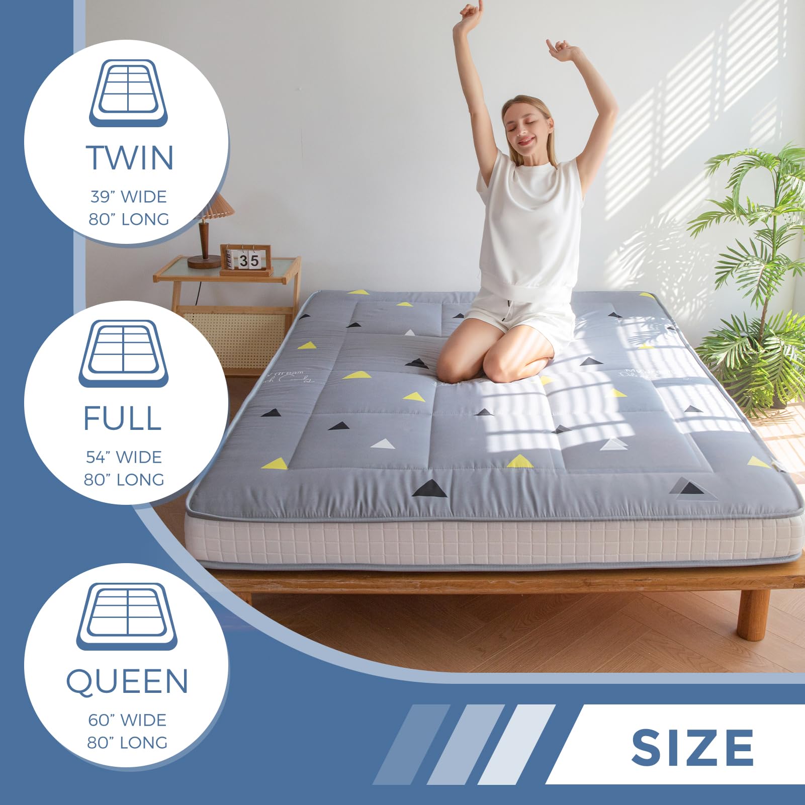 MAXYOYO 6-Inch Extra Thick Futon Mattress - Grey Triangle Pattern Floor Mattress Pad, Japanese Tatami Style Guest Bed | Perfect for Small Spaces, Dorm Rooms & Sleepovers
