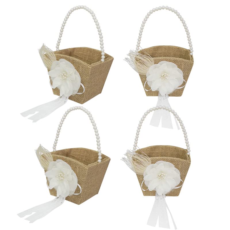 Vintage Rustic Burlap Wedding Flower Girl Basket with Pearl Double Heart Bowknot - Set of 4 for Boho Wedding Decor, Bridal Shower, and Romantic Ceremony Decorations