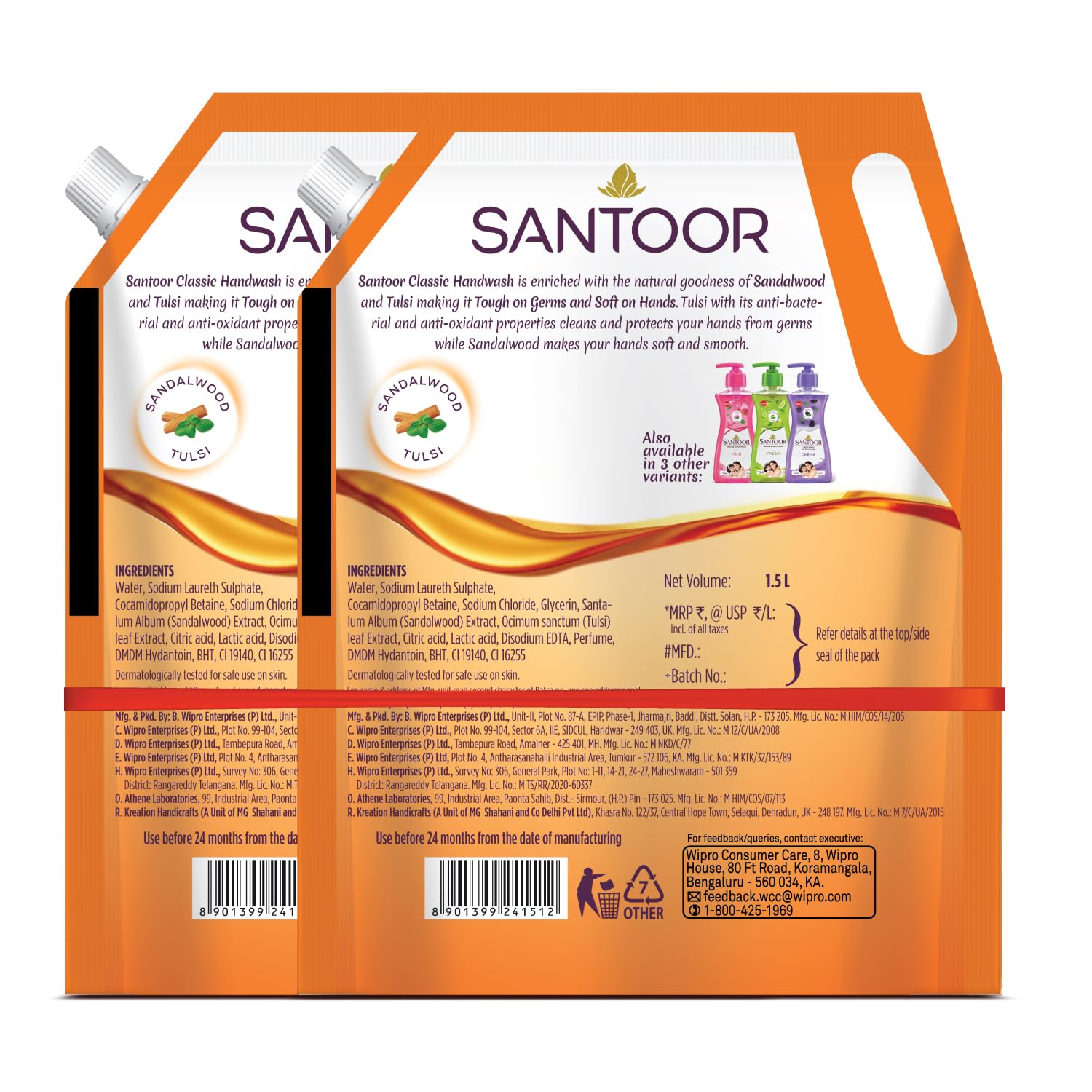 Santoor Classic Gentle Hand Wash with Sandalwood & Tulsi - Natural Antibacterial Soap for Soft, Hydrated Skin | Rich Lathering Formula (1500ml, Pack of 2) | Perfect for Home, Kitchen, Bathroom & Office Use