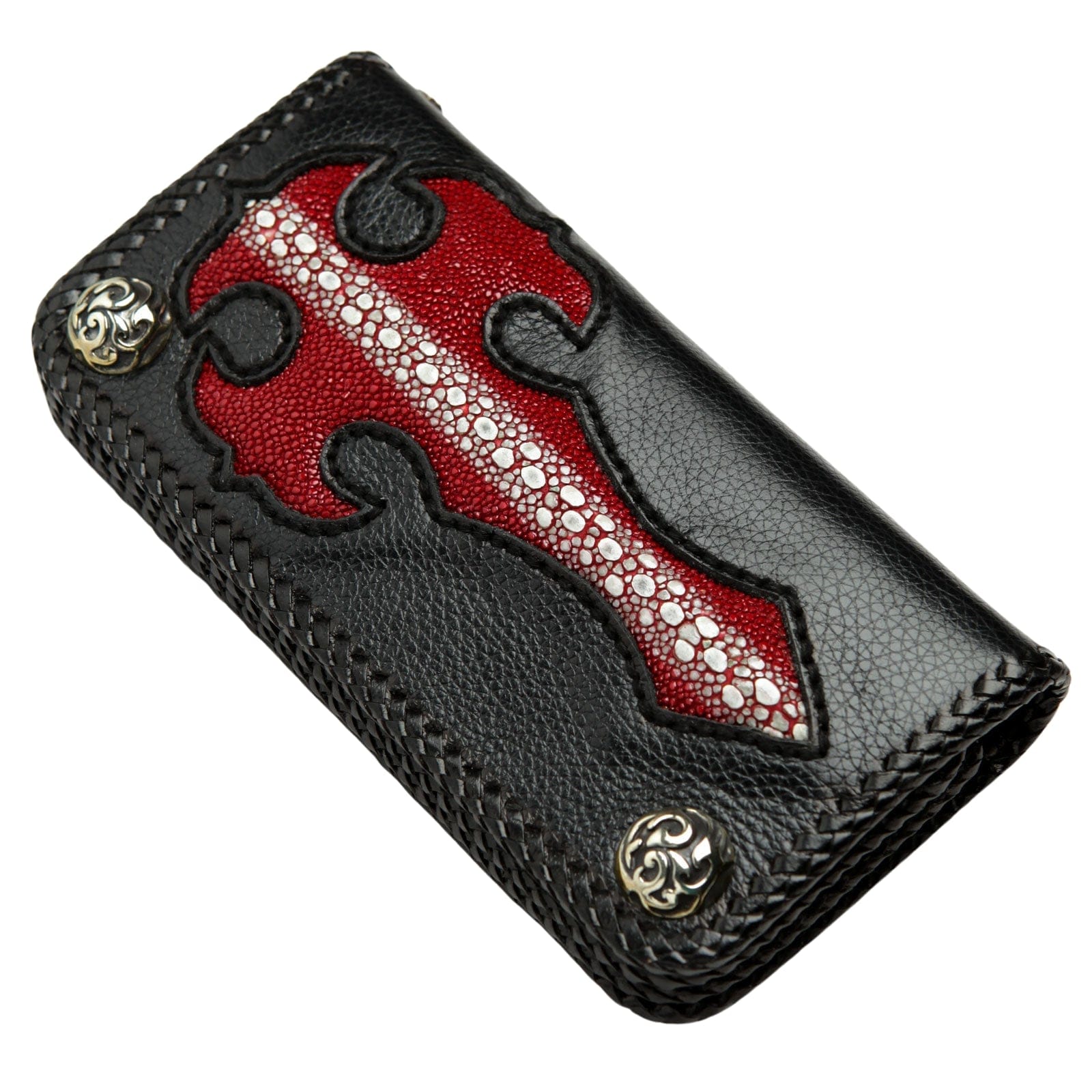 Genuine Stingray Leather Red Gothic Cross Biker Chain Wallet - Perfect for Motorcycle Riders, Gothic Fashion & Punk Style Accessories