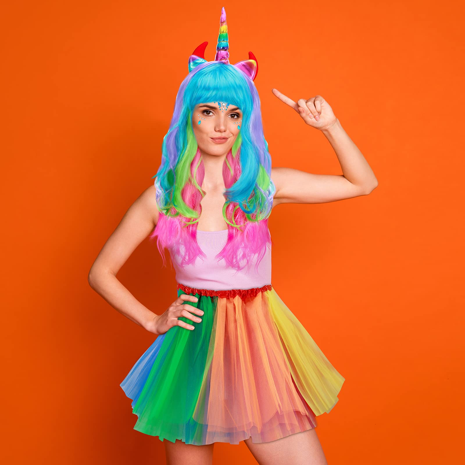 Geosar 4-Piece Unicorn Costume Set - Rainbow Fluffy Leg Warmers, Layered Tulle Tutu Skirt, Unicorn Wig & Headpiece with Face Gem Stickers for Women | Perfect for Halloween, Cosplay, Birthday Parties & Festive Performances
