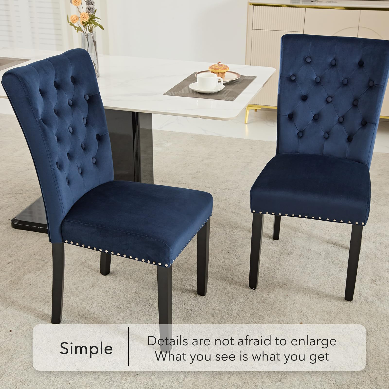 Velvet Dining Chairs Set of 2 - Blue Parsons Upholstered Dining Room Chairs with Wood Legs & Nailhead Trim - Perfect for Modern Dining Room, Kitchen, or Breakfast Nook