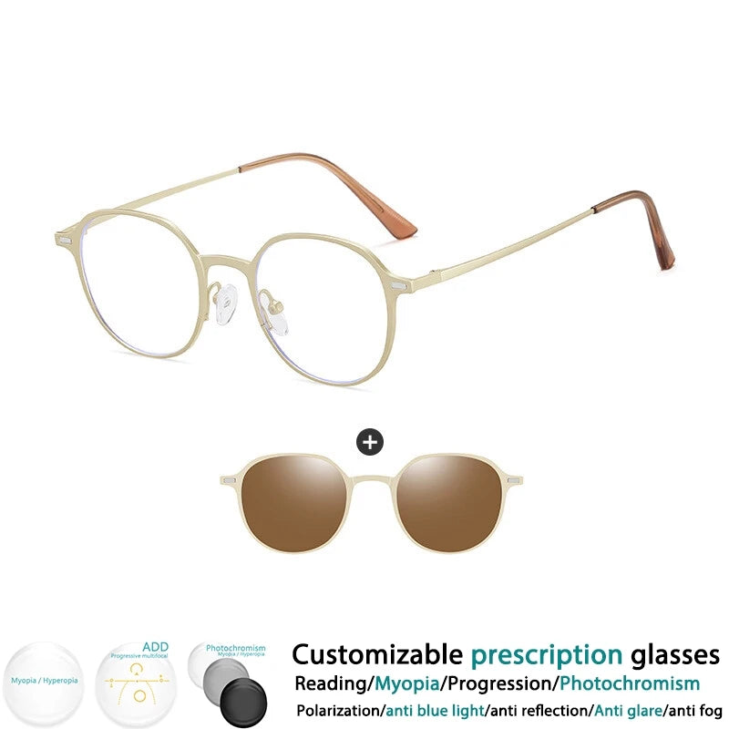 CCspace Women's Full Rim Round Alloy Eyeglasses with Clip-On Sunglasses - Stylish Prescription Glasses & UV Protection Shades for Work, Driving, and Outdoor Activities (Model 302078)