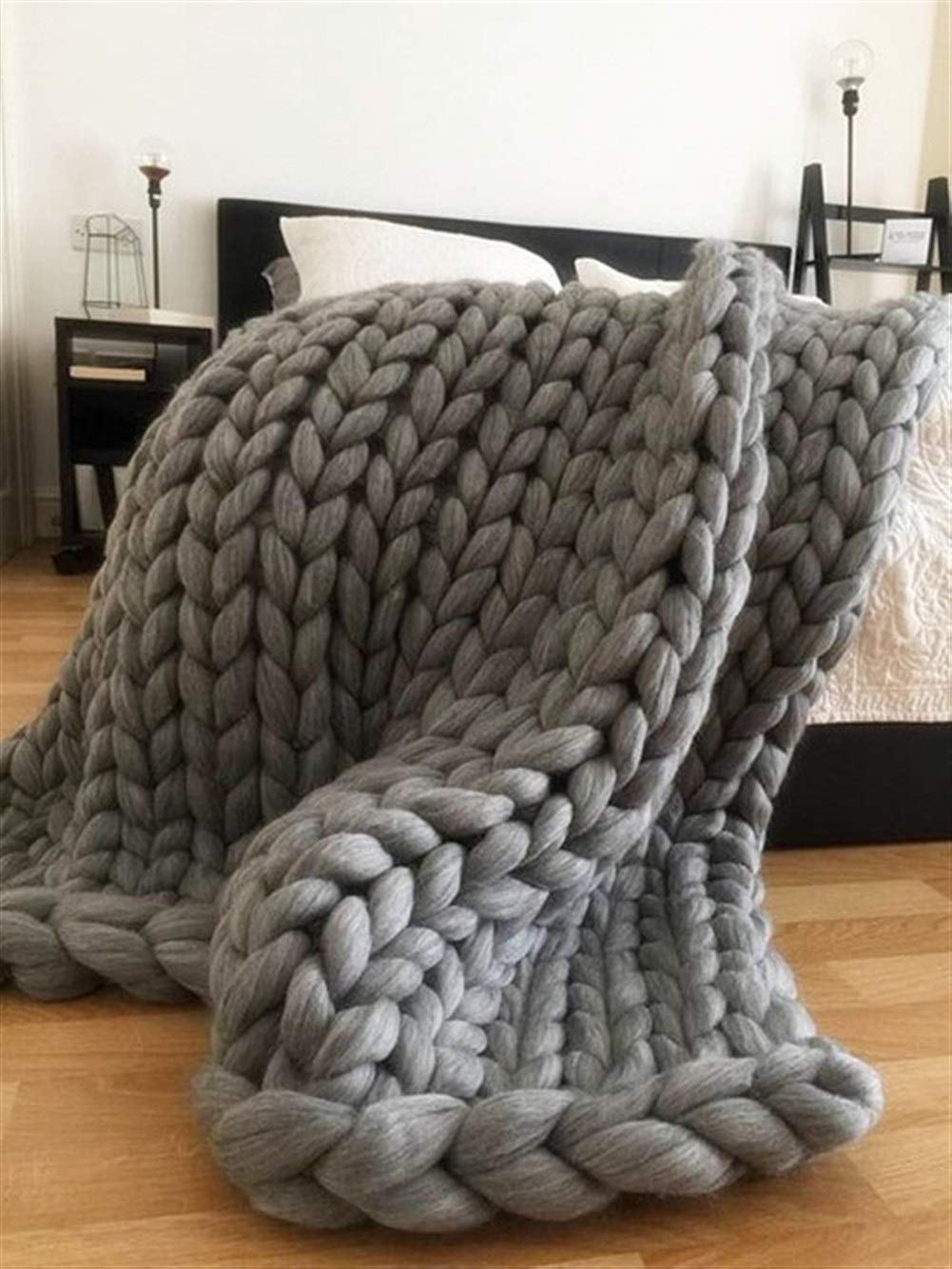 Chunky Merino Wool Knit Throw Blanket - Soft Thick Yarn Hand-Knitted Oversized Blanket for Couch, Bed & Sofa - 100x180cm Grey - Cozy Home Decor & Winter Warmth