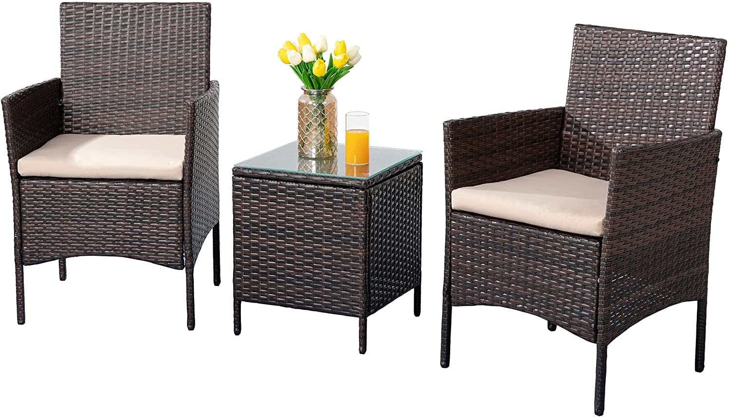 Shintenchi 3-Piece Outdoor Patio Furniture Set - Portable Rattan Wicker Chairs with Cushions & Coffee Table for Backyard, Porch, Garden, Balcony - Brown Conversation Set for Relaxing & Entertaining Outdoors