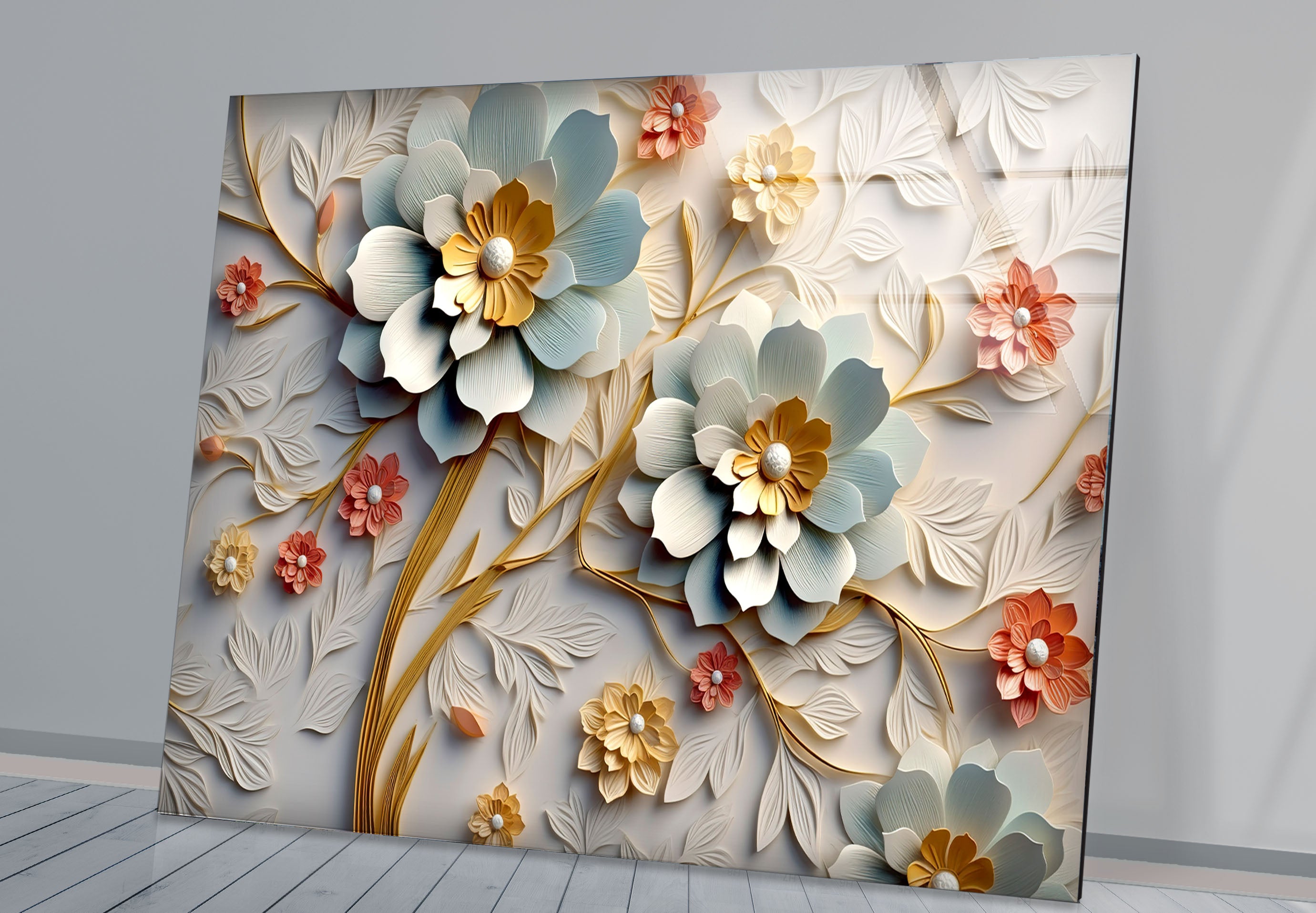3D Blooming Flower Wall Art - Elegant Embossed Glass Floral Print for Home Decor, Living Room, Bedroom, Office | Modern Botanical Wall Decor for Interior Design