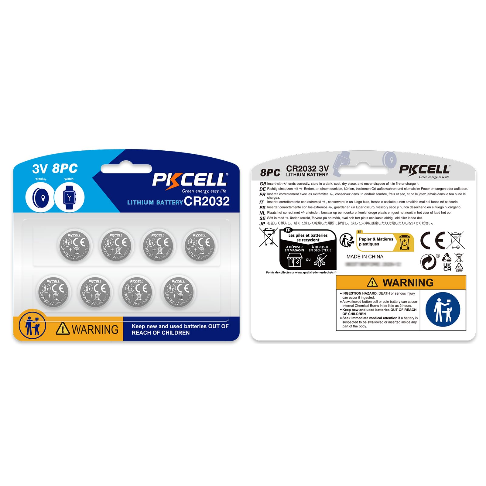 PKCELL CR2032 Batteries 8-Pack - 3V Lithium Coin Cell Battery for Watches, Key Fobs, Calculators & Medical Devices - Long-Lasting Power Supply