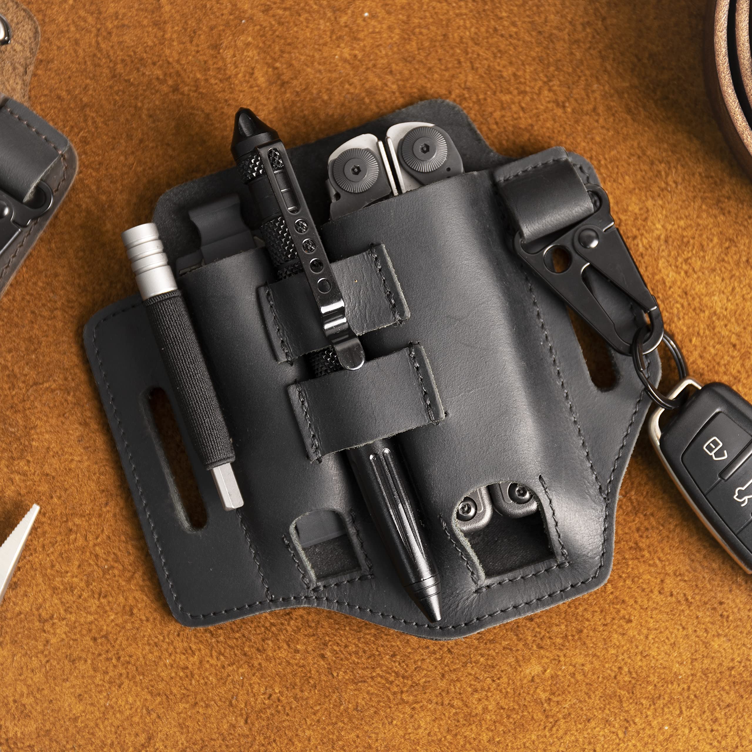 Gentlestache Multitool Belt Sheath - Premium EDC Leather Belt Organizer with Multitool Pouch, Flashlight & Pen Holder, Keychain Clip - Practical Everyday Carry Accessory for Men - Perfect for Hiking, Camping & Outdoor Adventures