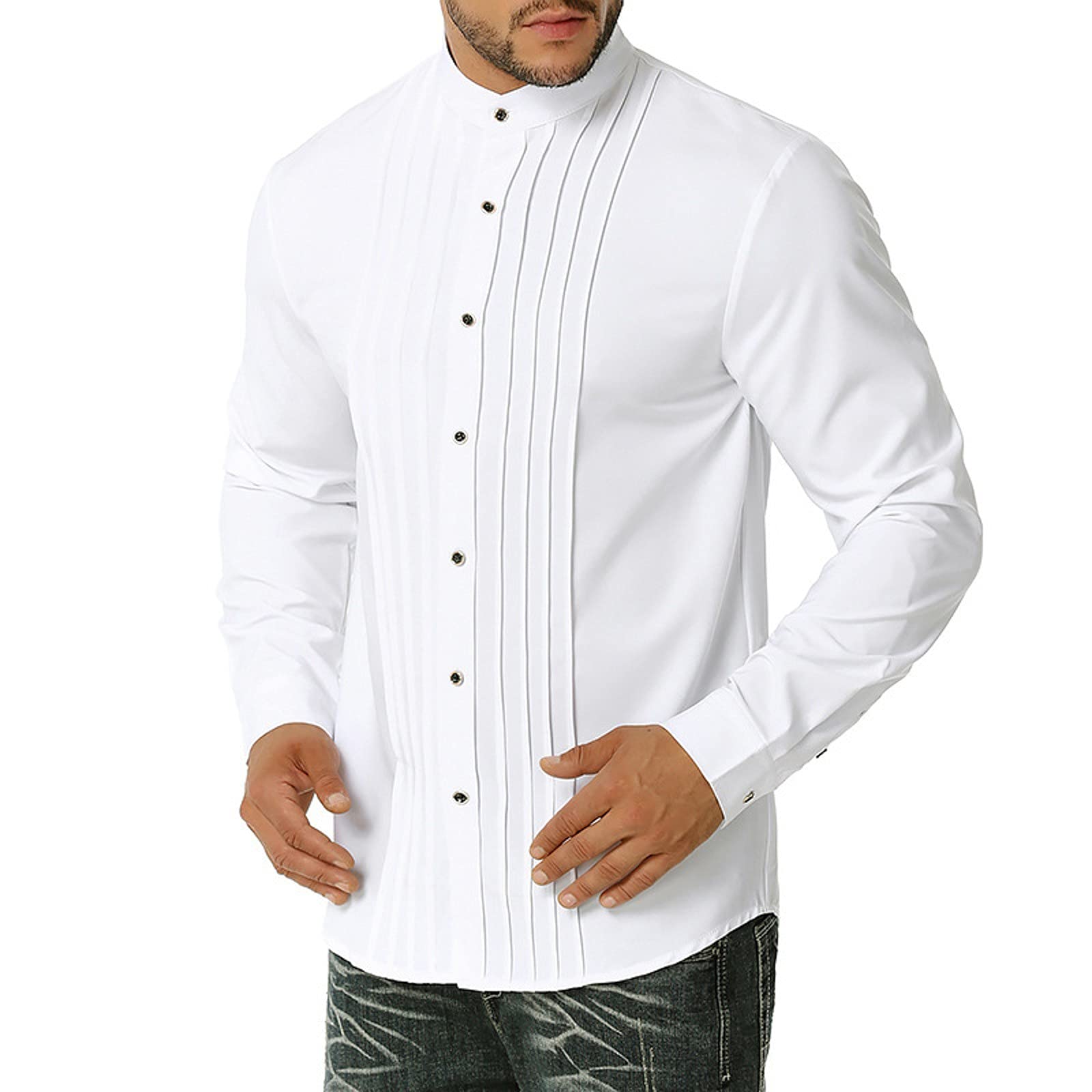 XXZY Men's Fall & Winter Long Sleeve Pleated Casual Dress Shirt - Striped Collar Button Down for Autumn Office Wear & Holiday Outfits