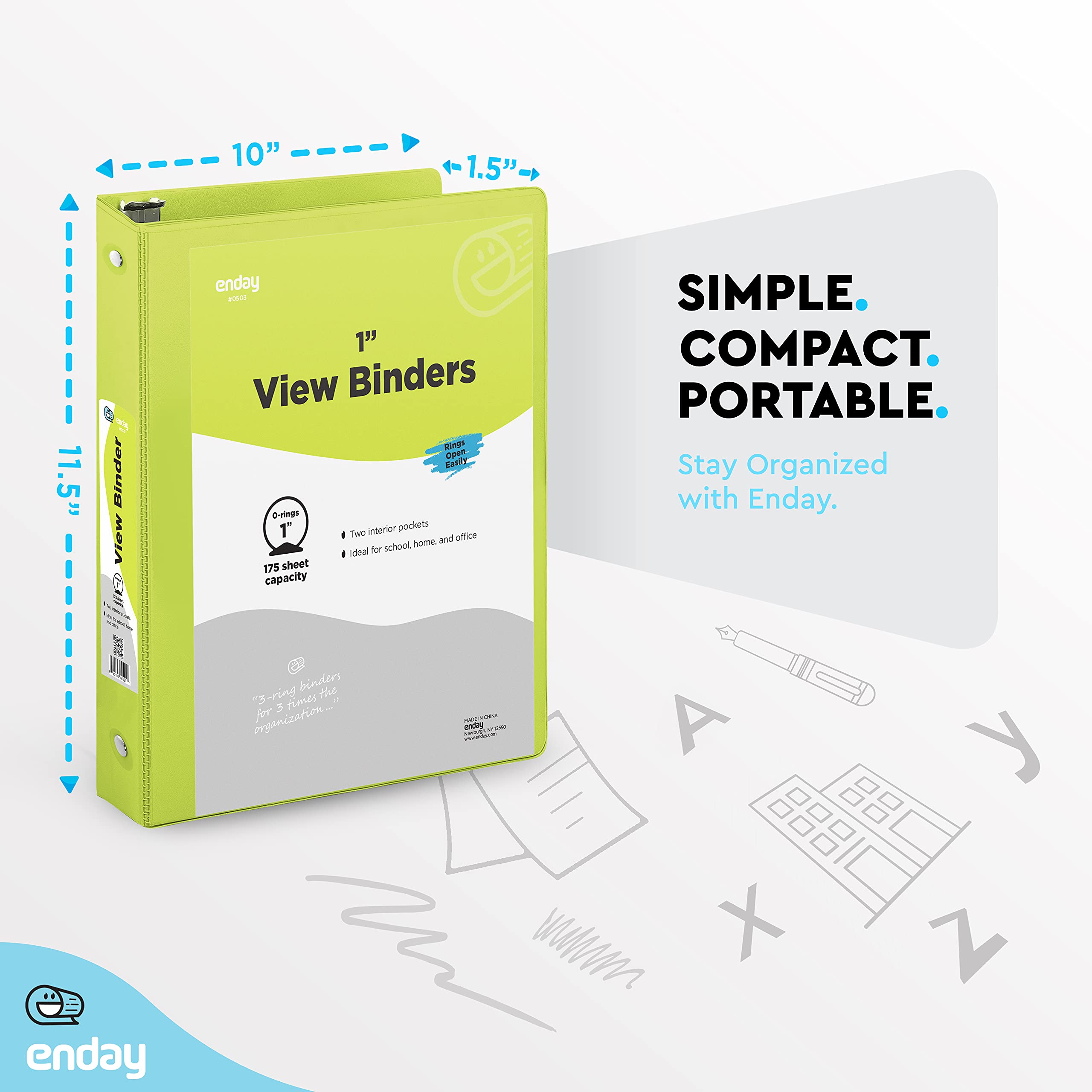 1 Inch 3 Ring Binder with Clear View Cover - 2 Inside Pockets, Green School & Office Supplies for Home, Work & Organization | Durable Binders for Students, Teachers & Professionals by Enday