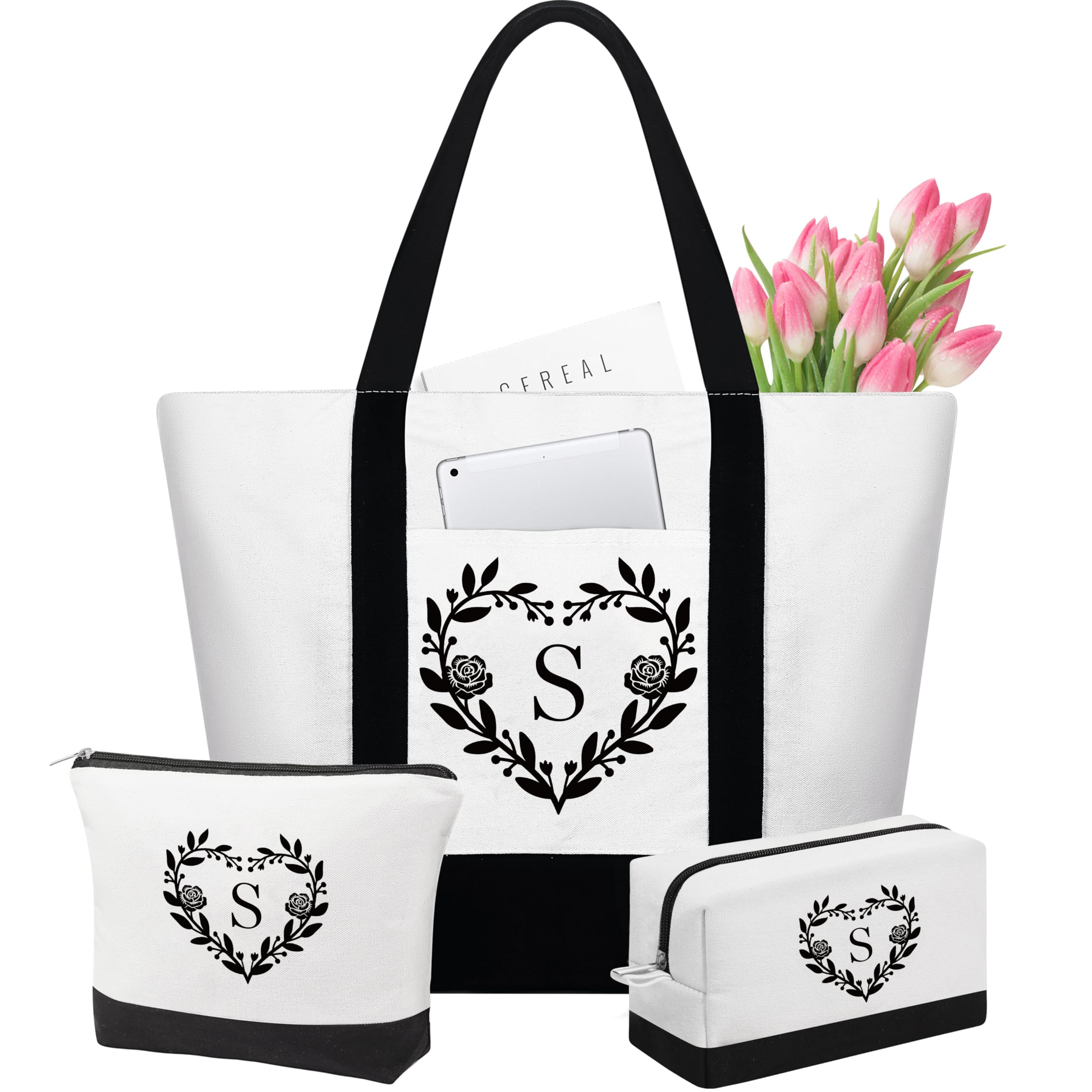 Personalized Initial Tote Bag & Makeup Bag Set - Valentine's Day, Birthday Gifts for Women, Mom, Teacher, Friend, Daughter - Perfect for Travel, Work, School & Everyday Use