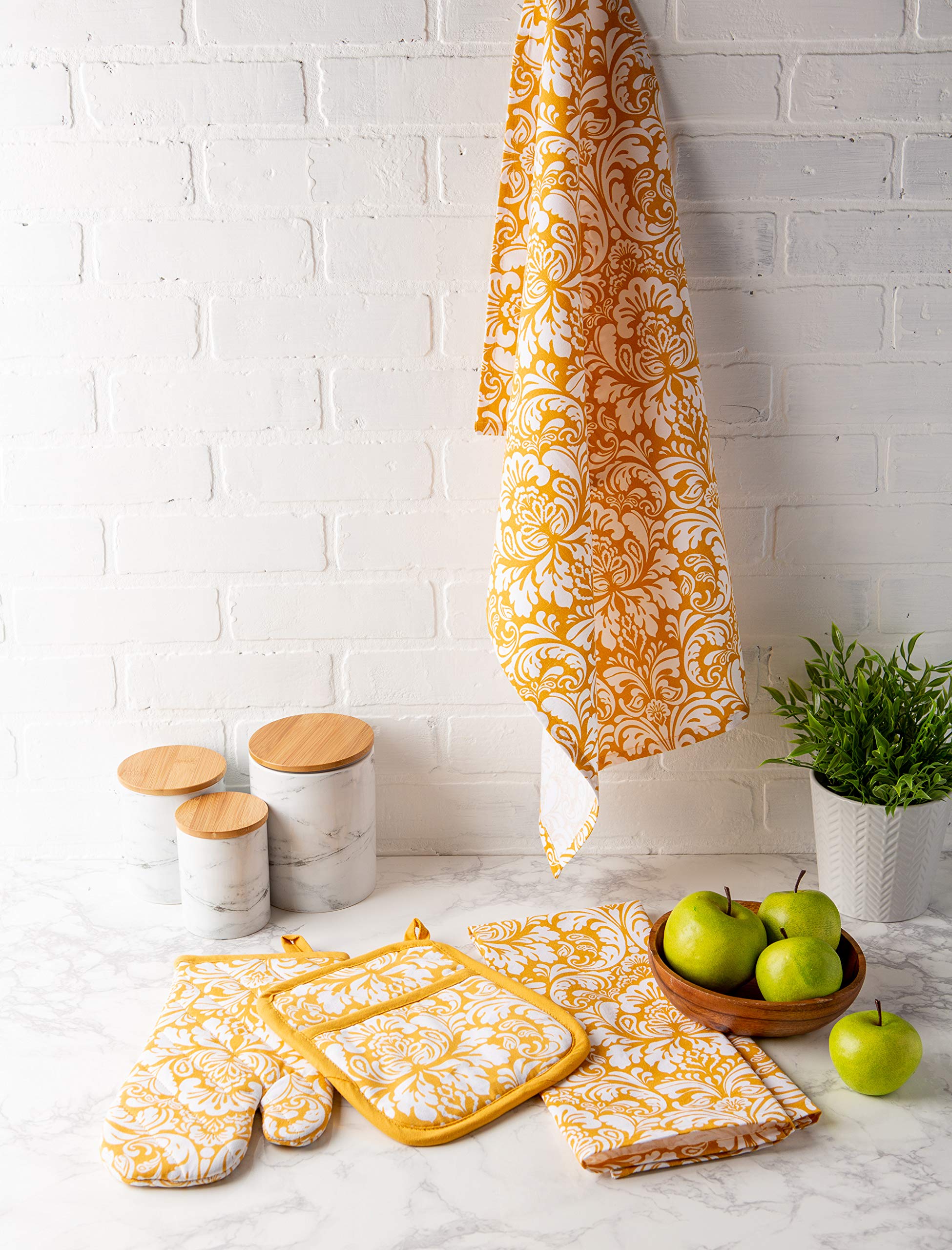 DII Quilted Oven Mitt and Potholder Set - Heat Resistant Kitchen Accessories with Hanging Loop for Easy Storage (6.5x12 Mitt & 8x8.5 Holder) - Mustard Damask Print - Perfect for Baking, Cooking, Grilling and Kitchen Decor