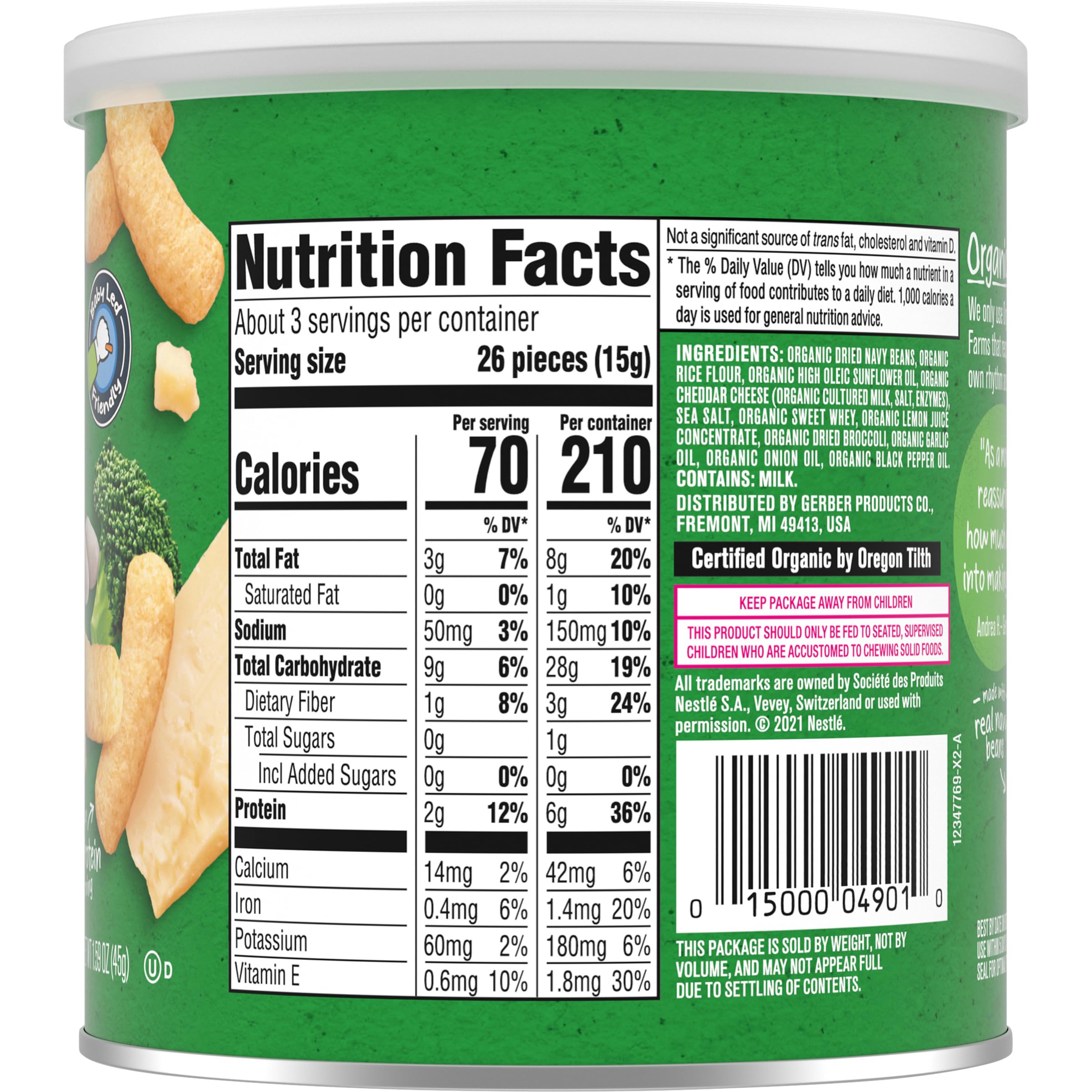 Organic Baby Snacks - Gerber Lil Crunchies White Cheddar & Broccoli 1.59oz (6 Pack) | Healthy Toddler Finger Food for On-the-Go, Daycare & Travel Snacking