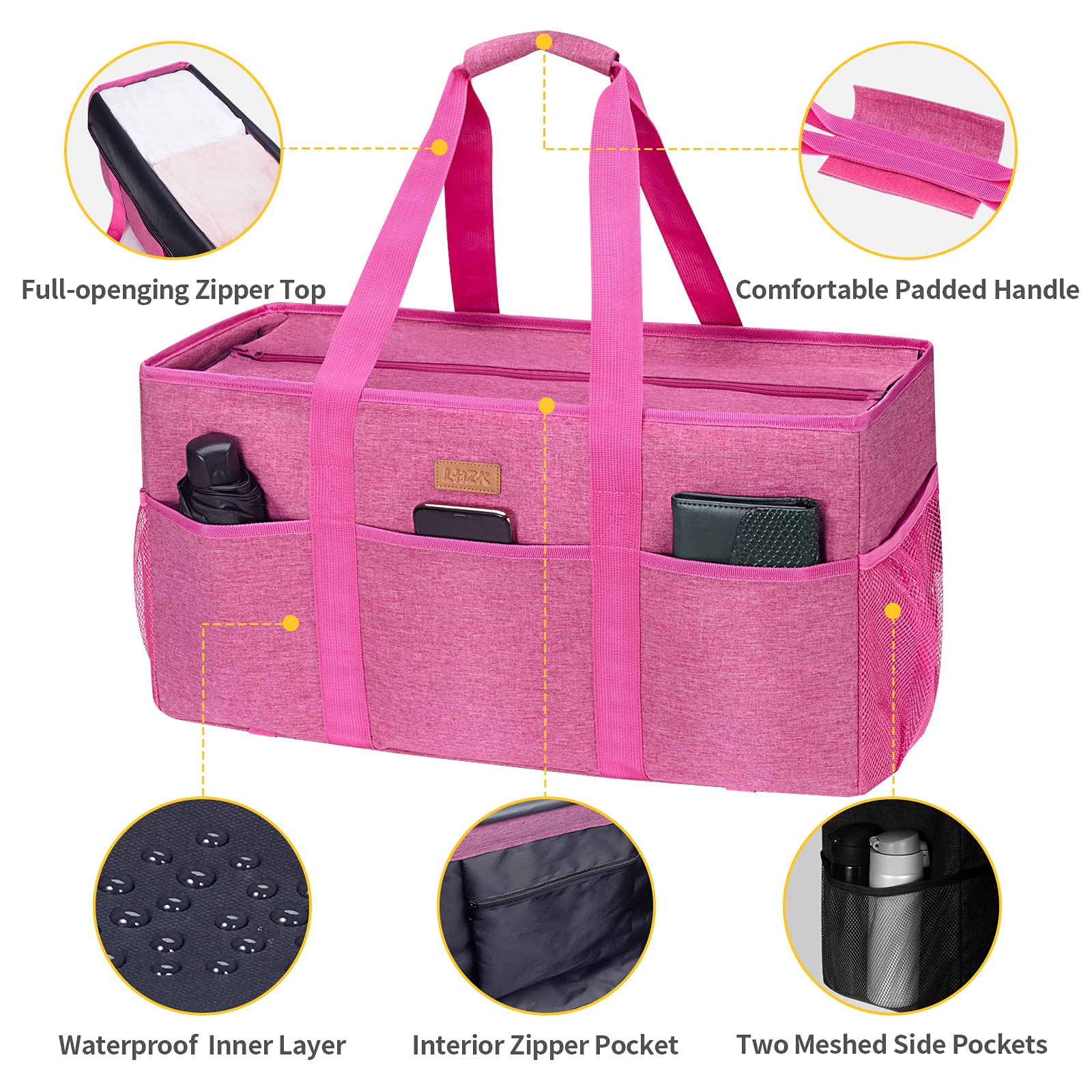 LHZK Extra Large Stand Up Utility Tote Bag with Lid - Reinforced Metal Wire Frame & Sides - Perfect for Grocery Shopping, Beach Trips, and Storage Organization