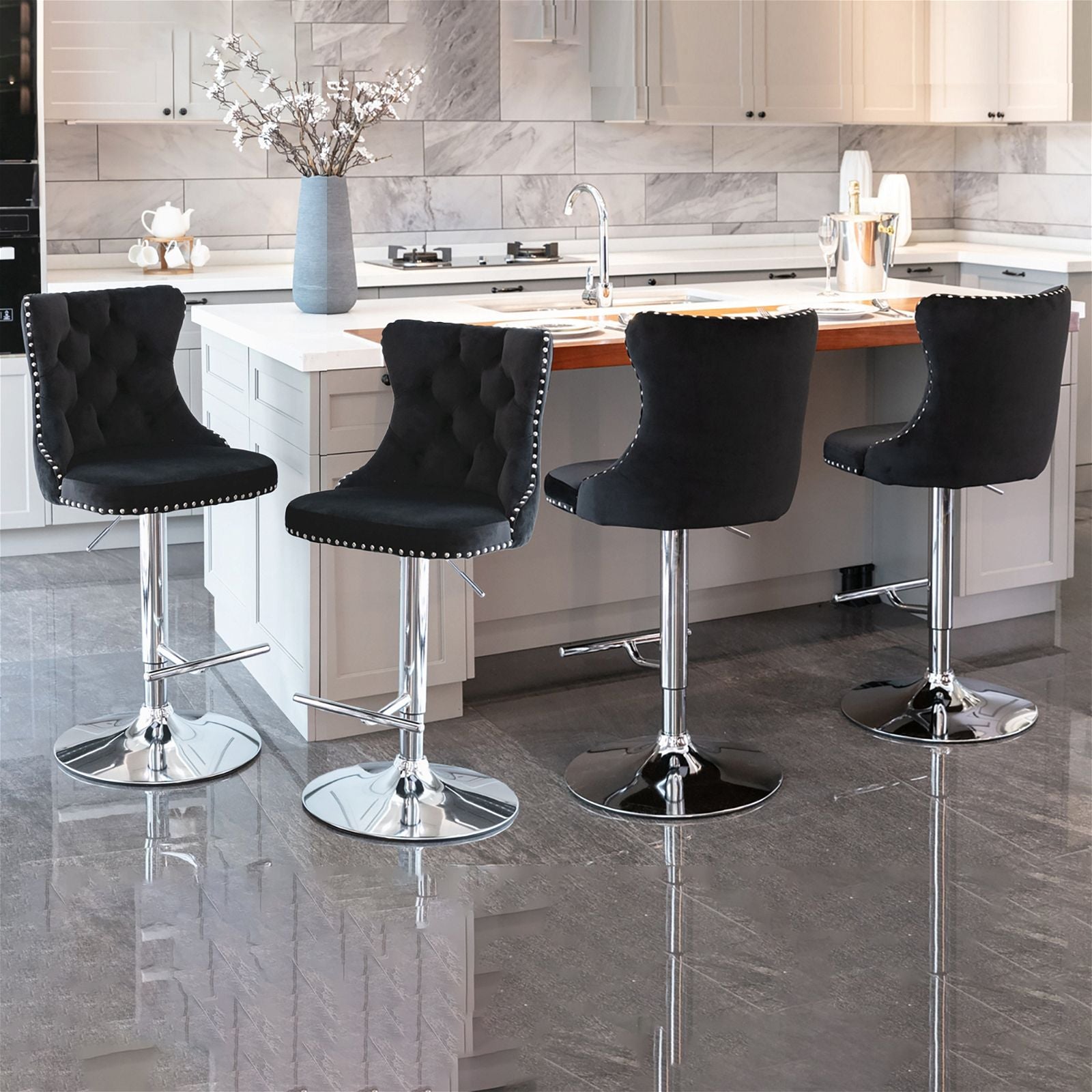 Adjustable Swivel Bar Stools with Footrest - 4 Pack Velvet Upholstered Bar Stools with Chrome Base & Studded Design for Kitchen Island, Home Bar & Dining Room