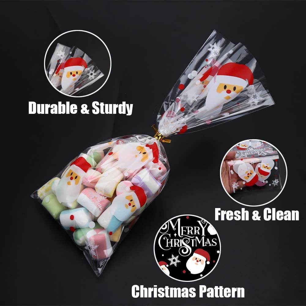 LOKIPA 200 Pcs Clear Christmas Cellophane Treat Bags with Twist Ties - Holiday Candy & Goodie Bags for Xmas Party Favors, Gift Wrapping & Cookie Exchange