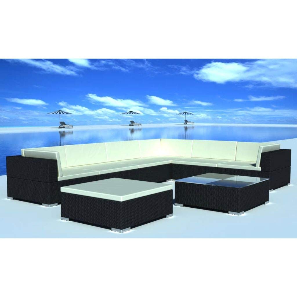**8-Piece Black Poly Rattan Patio Furniture Set with Cushions - Modern Outdoor Conversation & Bistro Set for Home, Lawn, Balcony | Perfect for Backyard Relaxation & Entertaining**