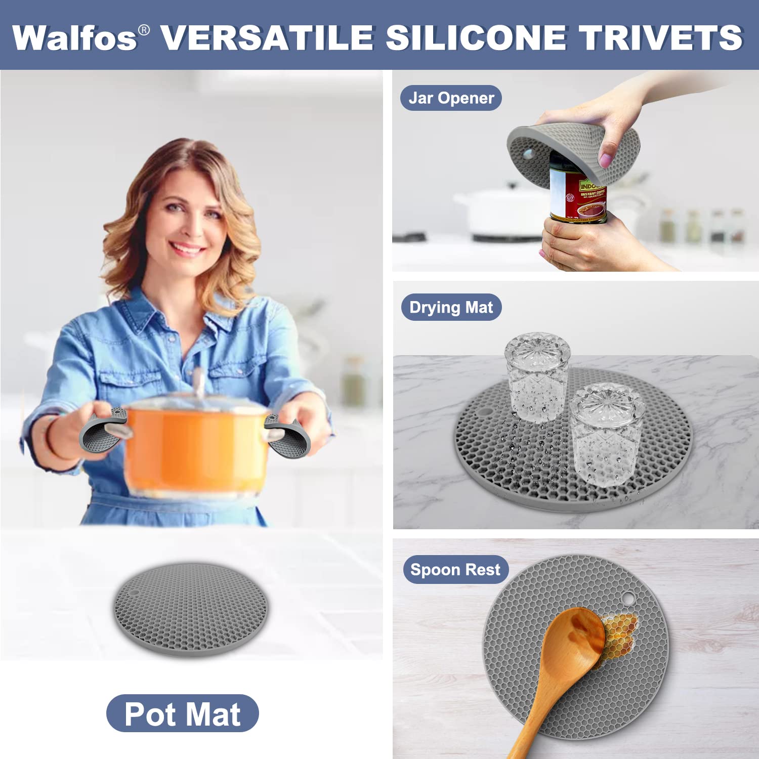 Walfos Silicone Trivet Mats - Set of 4 Heat Resistant Kitchen Potholders, Non-Slip Hot Pads for Cooking, Serving & Protecting Countertops | BPA-Free Food Grade Silicone | Perfect for Hot Dishes, Jar Opening & Utensil Holding (Round)