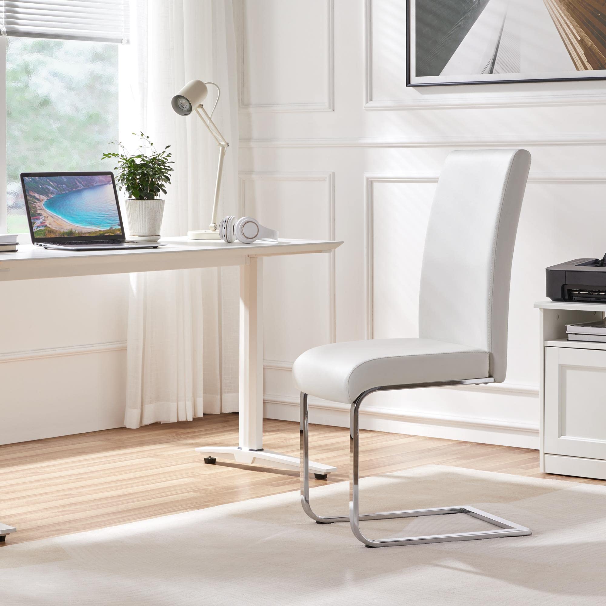 Topeakmart 4-Piece Modern White Leather Upholstered Dining Chairs Set - Armless High Back Kitchen & Living Room Side Chairs with Metal Legs - Perfect for Small Spaces, Breakfast Nooks & Contemporary Dining Areas