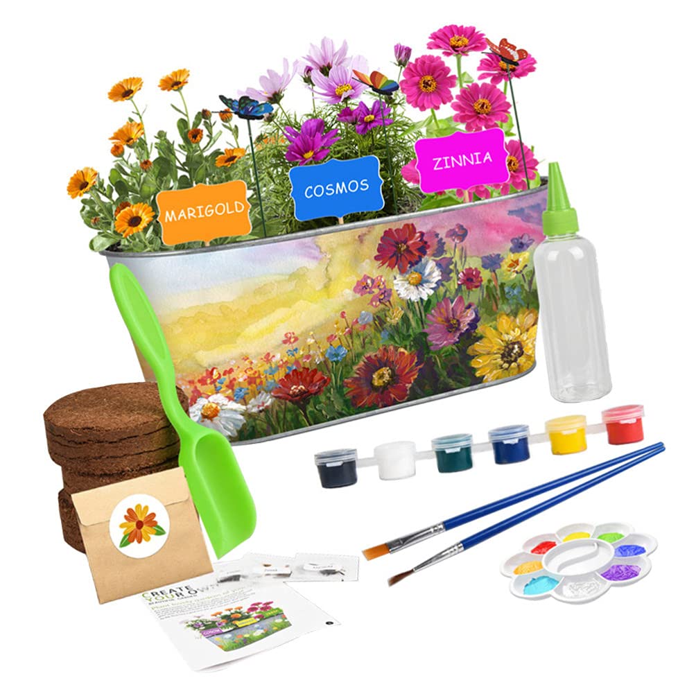 Kids Flower Planting Growing Kit - Gardening & Paint Arts Crafts Set for Children - DIY Planter Tools Kit with Science Learning - Perfect for Home, School & Outdoor Activities
