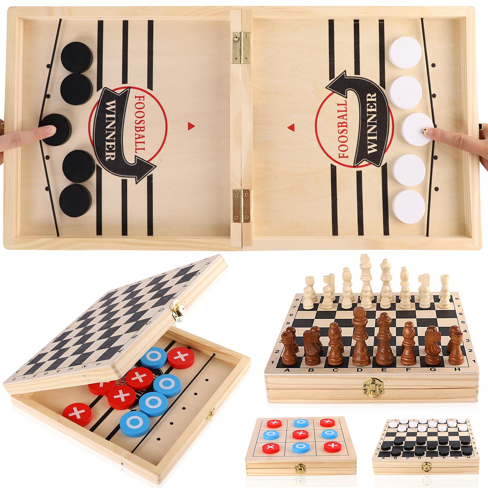 4-in-1 Board Game Set - Sling Puck, Chess, Checkers & Tic Tac Toe - Fast Hockey Table Game with Slingshot for Kids - Perfect for Family Game Night & Indoor Activities