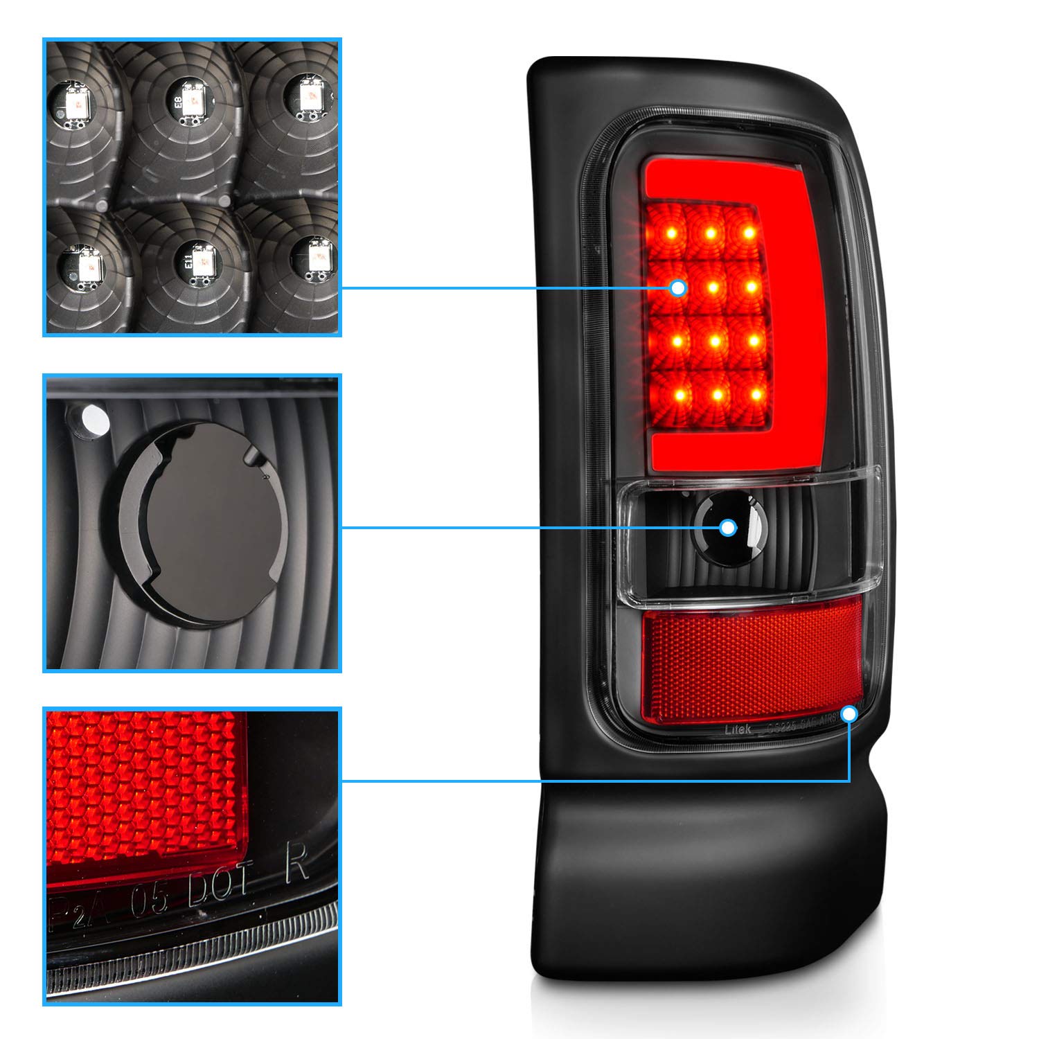 1994-2001 Dodge Ram 1500 2500 3500 Truck Black C-Bar LED Tail Lights Replacement Pair - Left & Right Side for Enhanced Visibility & Style | Perfect for Night Driving & Off-Road Adventures