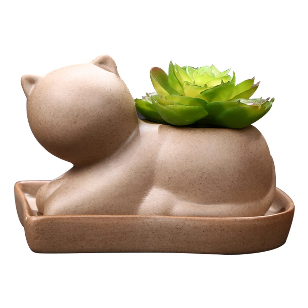 GeLive Brown Cat Succulent Planter - Decorative Ceramic Flower Pot with Drainage Hole & Matching Tray - Cute Animal Shaped Plant Holder for Home, Office Desk, Windowsill Decor