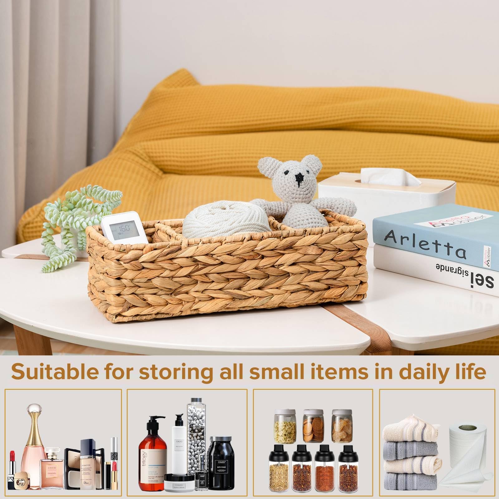 Water Hyacinth Storage Baskets - 2 Pack Woven Toilet Paper Holder & Bathroom Organizer with 3 Sections - Natural Wicker Tank Topper Basket for Bathroom, Bedroom, or Kitchen Storage