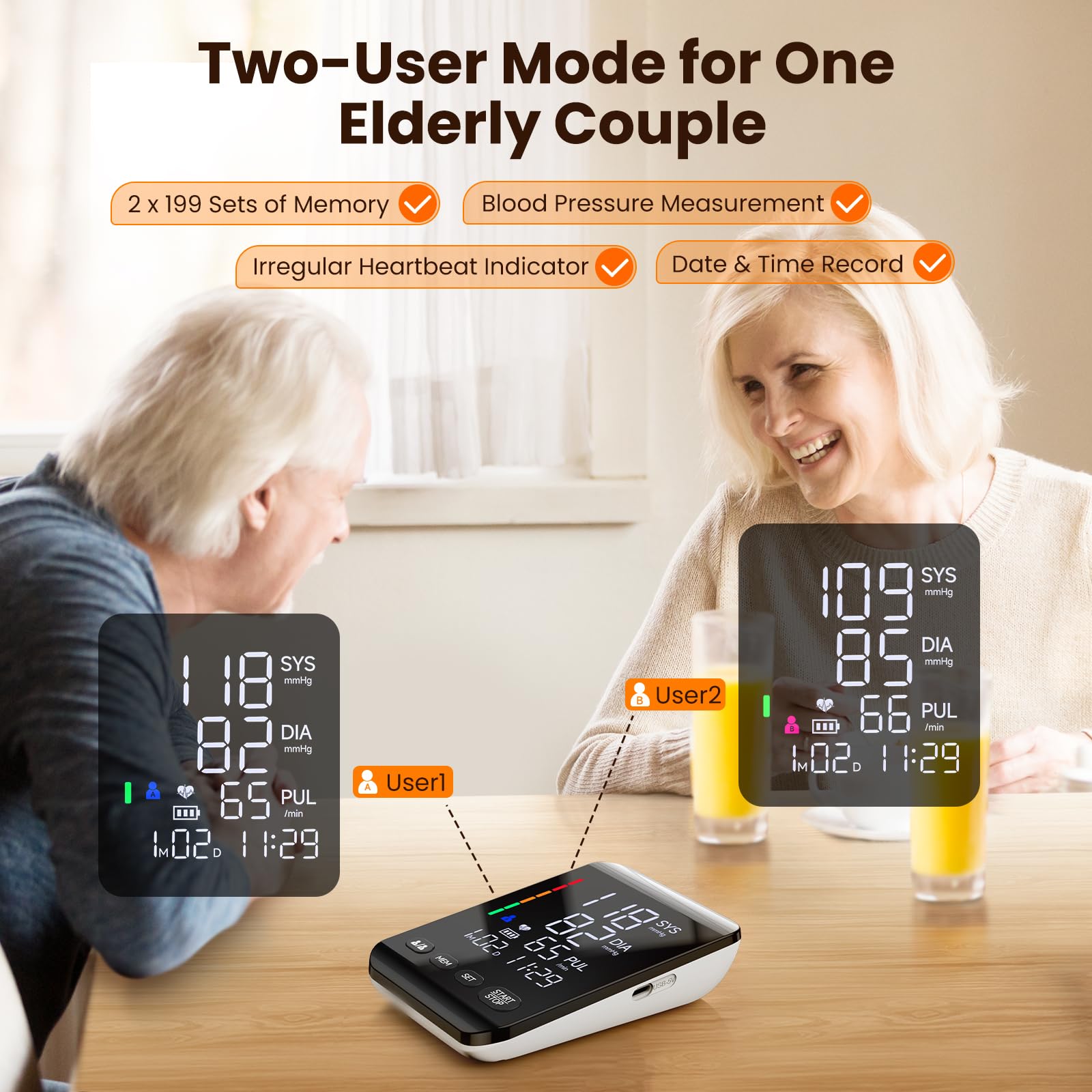 **Automatic Upper Arm Blood Pressure Monitor for Home Use - Adjustable Cuff (8.6''-16.5''), Backlit LED Display, 2x199 Memory Sets for 2 Users, Dual Power Supply - Ideal for Health Tracking & Family Care**