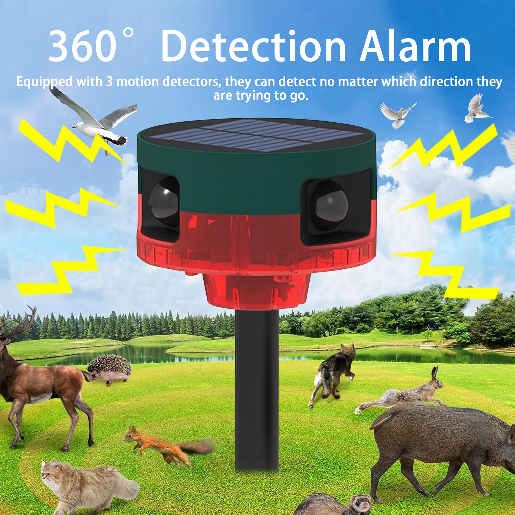 QXMH Solar-Powered Motion Sensor Alarm with 129dB Loud Siren - Dog Barking & Gunshot Sounds, 13 Sound Options, Strobe Light, USB Charging & Recording Function - Ideal for Outdoor Security, Home Protection, and Deterring Intruders