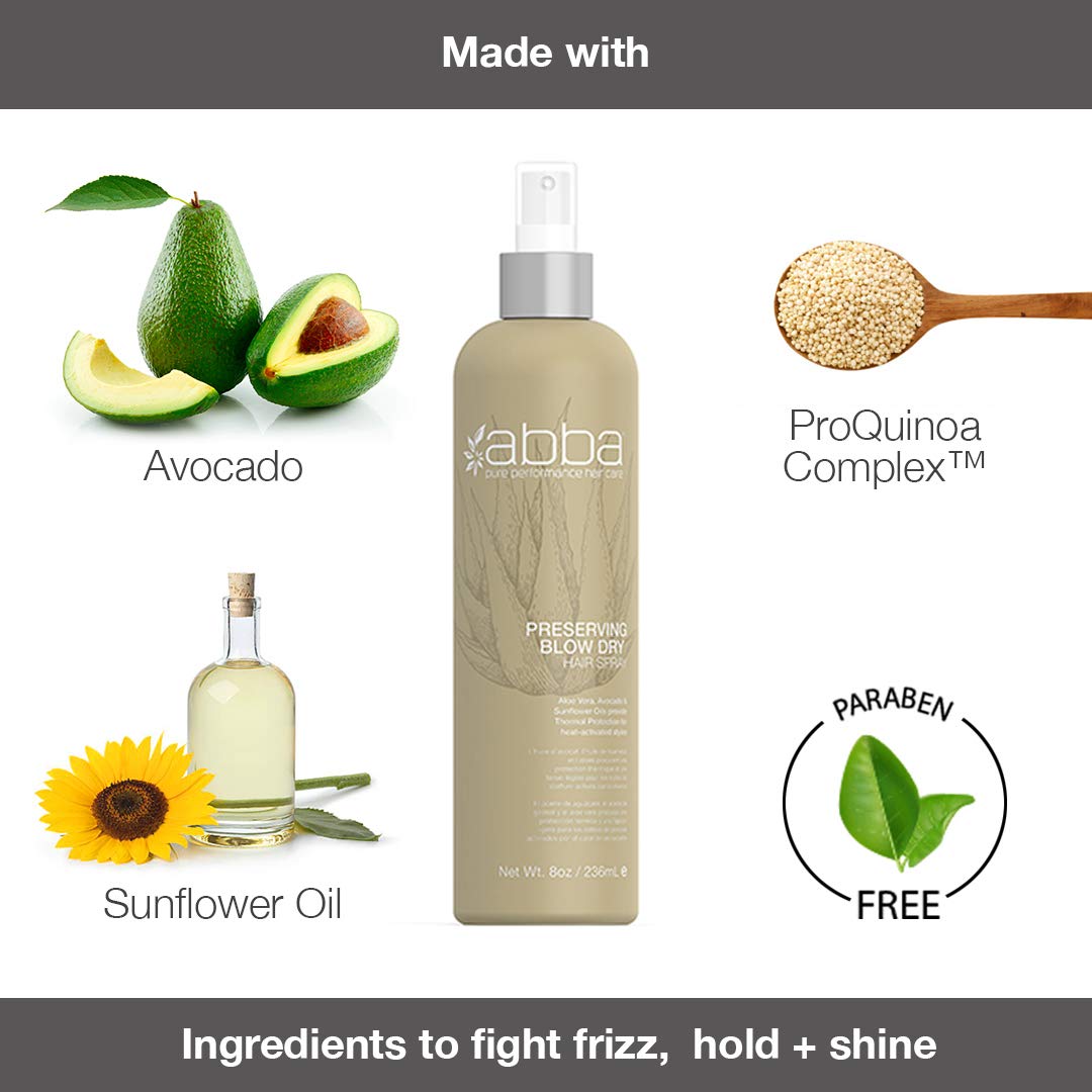 ABBA Preserving Blow Dry Hair Spray with Aloe Vera, Avocado & Sunflower Oils - Heat Protectant for Smooth, Shiny Hair - Perfect for Styling, Frizz Control & Daily Hair Care