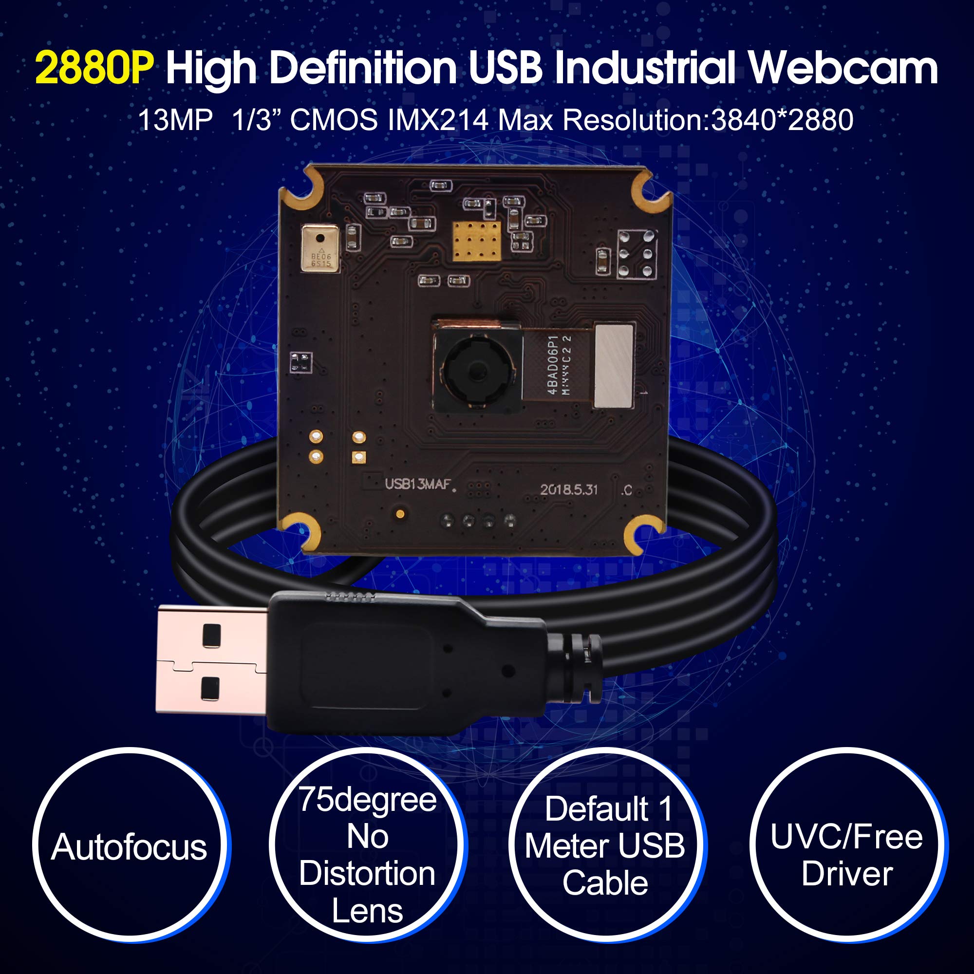 13MP USB Camera Module with Microphone & Autofocus - UVC USB 2.0 Webcam Board for PC/Laptop, Jetson Nano - Industrial Embedded IMX214 Sensor for Video Conferencing, Live Streaming & Lightburn Applications
