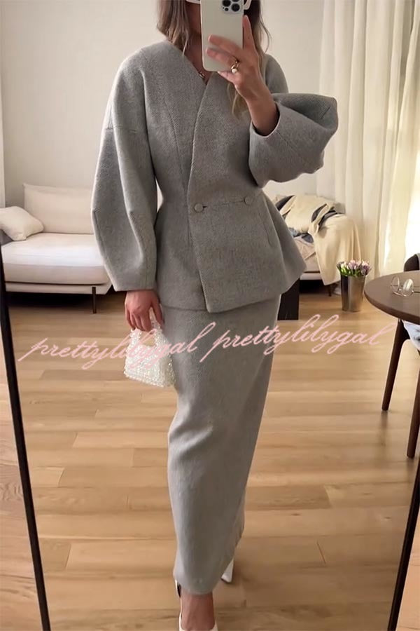 Viseu Textured Fabric Button-Down Balloon Sleeve Coat with Elastic Waist Pencil Maxi Skirt Set - Women's Elegant Office & Party Outfit for Fall/Winter Fashion
