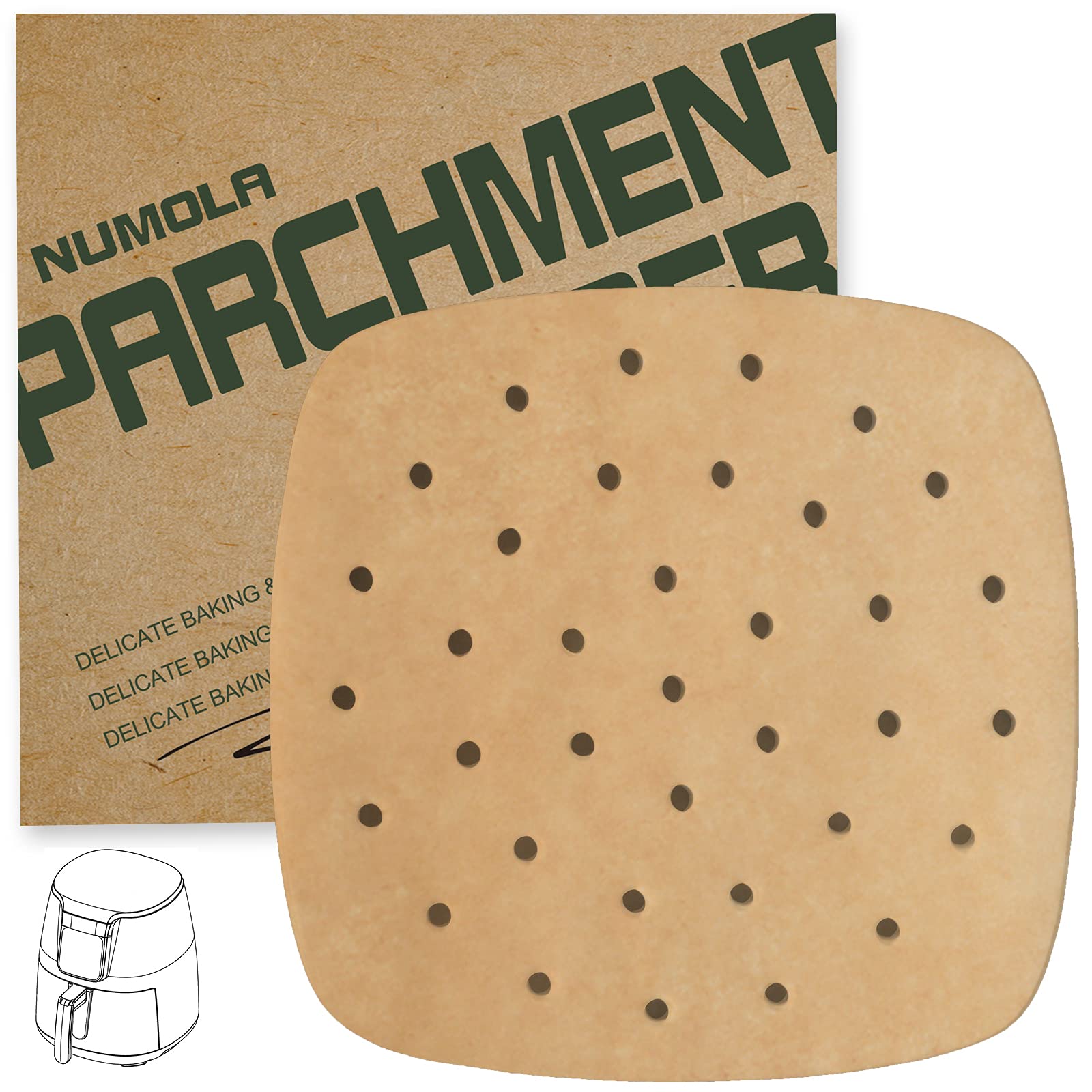 Numola 100 Pcs 9 Inch Square Air Fryer Liners - Disposable Perforated Parchment Paper Sheets for Baking, Non-Stick Steamer Liner for Oven, Microwave & Steaming Basket - Perfect for Healthy Cooking & Meal Prep