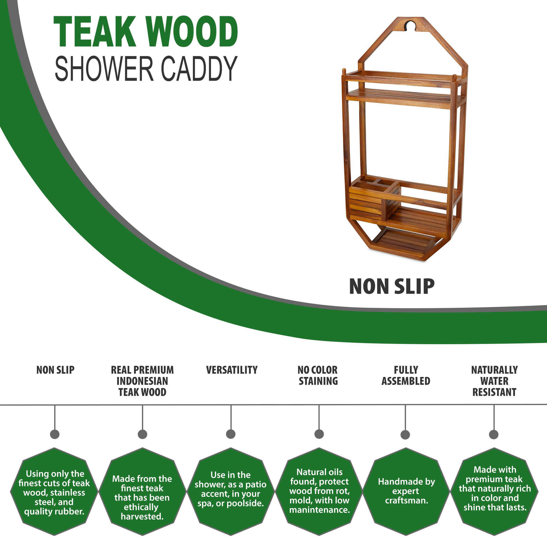 Premium Teak Shower Caddy - 3-Tier Waterproof Bathroom Organizer with Non-Slip Hooks for Shampoo, Soap & Accessories - Perfect for Indoor/Outdoor Showers, Spas & Pool Areas