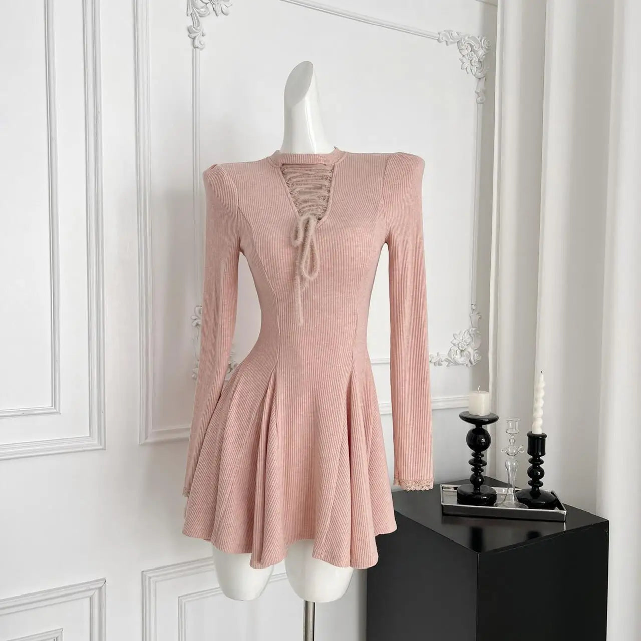 2024 Women's Sweet Pink Lace-Up Round Neck Long Sleeve Pleated Mini Dress | High Waist Knit Dress for Autumn Winter | Elegant & Sexy Party, Date Night, Office Wear