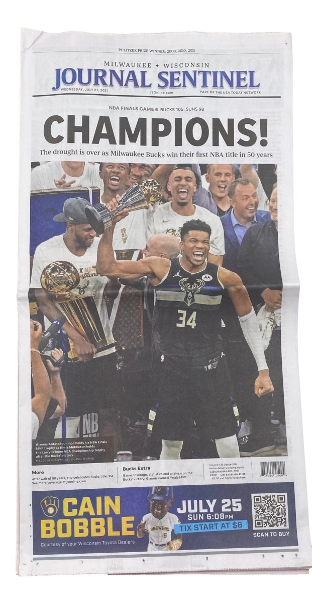 Milwaukee Bucks 2021 NBA Championship Commemorative Newspaper - July 21 Journal Sentinel Edition | Perfect for Sports Memorabilia Collectors & Bucks Fans