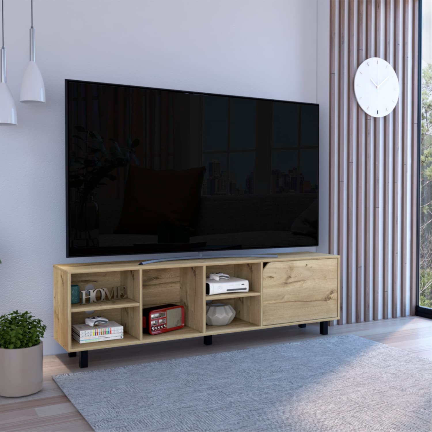 Conquest 70 Inch TV Stand with 4 Open Shelves & 5 Sturdy Legs - Light Oak Finish for Living Room, Bedroom & Home Theater Setup
