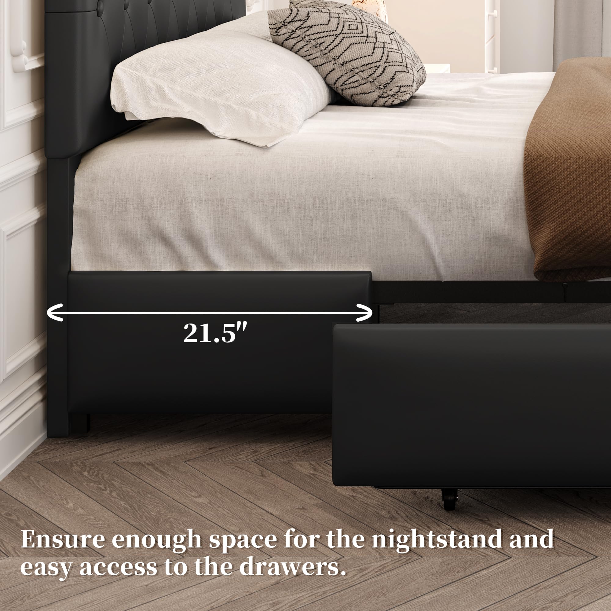 Yaheetech Queen Upholstered Bed Frame with Adjustable Diamond Button-Tufted Headboard & 3 Storage Drawers - Sturdy Wooden Slats Platform Bed - Black - Perfect for Small Bedrooms & Guest Rooms